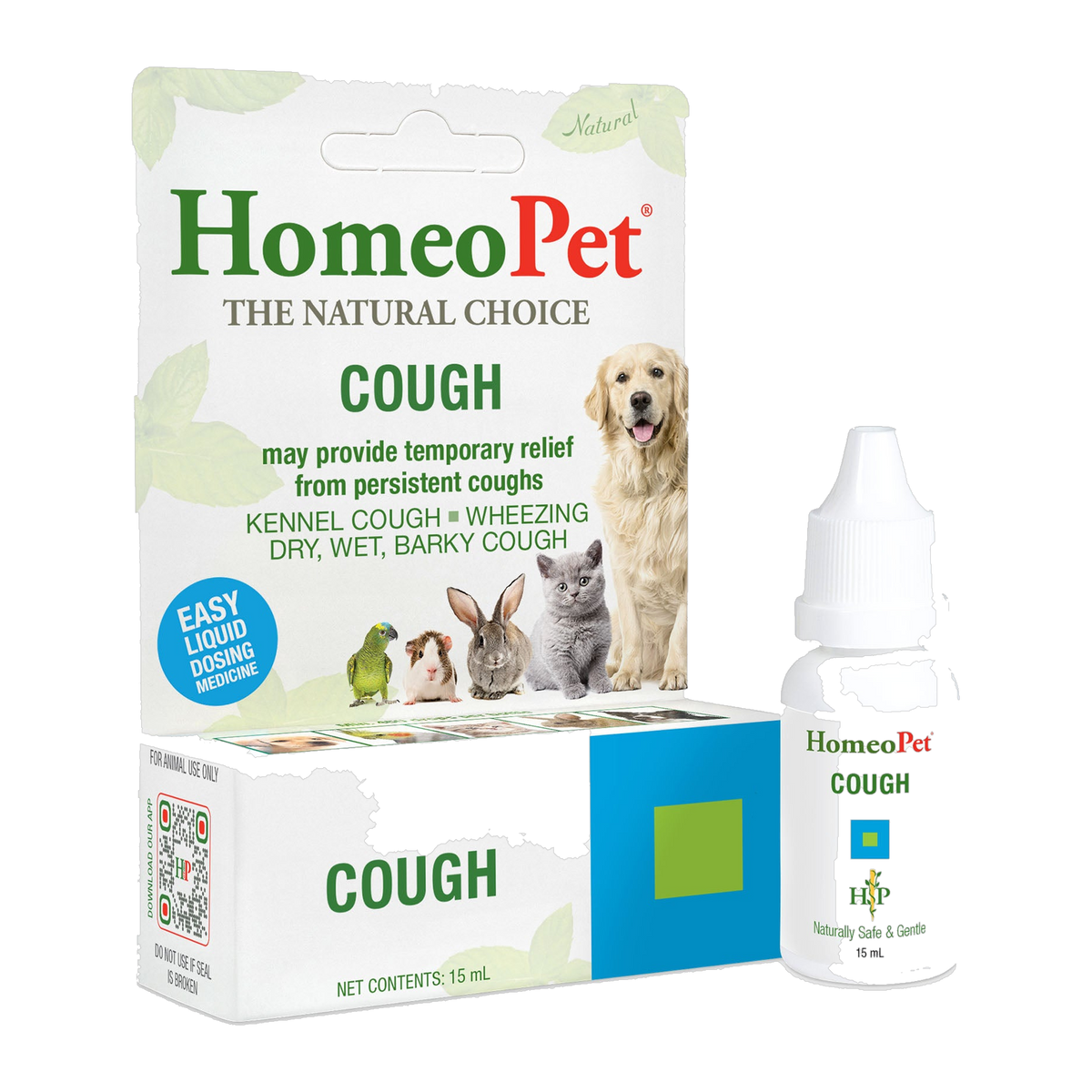 HomeoPet Cough 15 ml natural homeopathic drops, box and dropper bottle