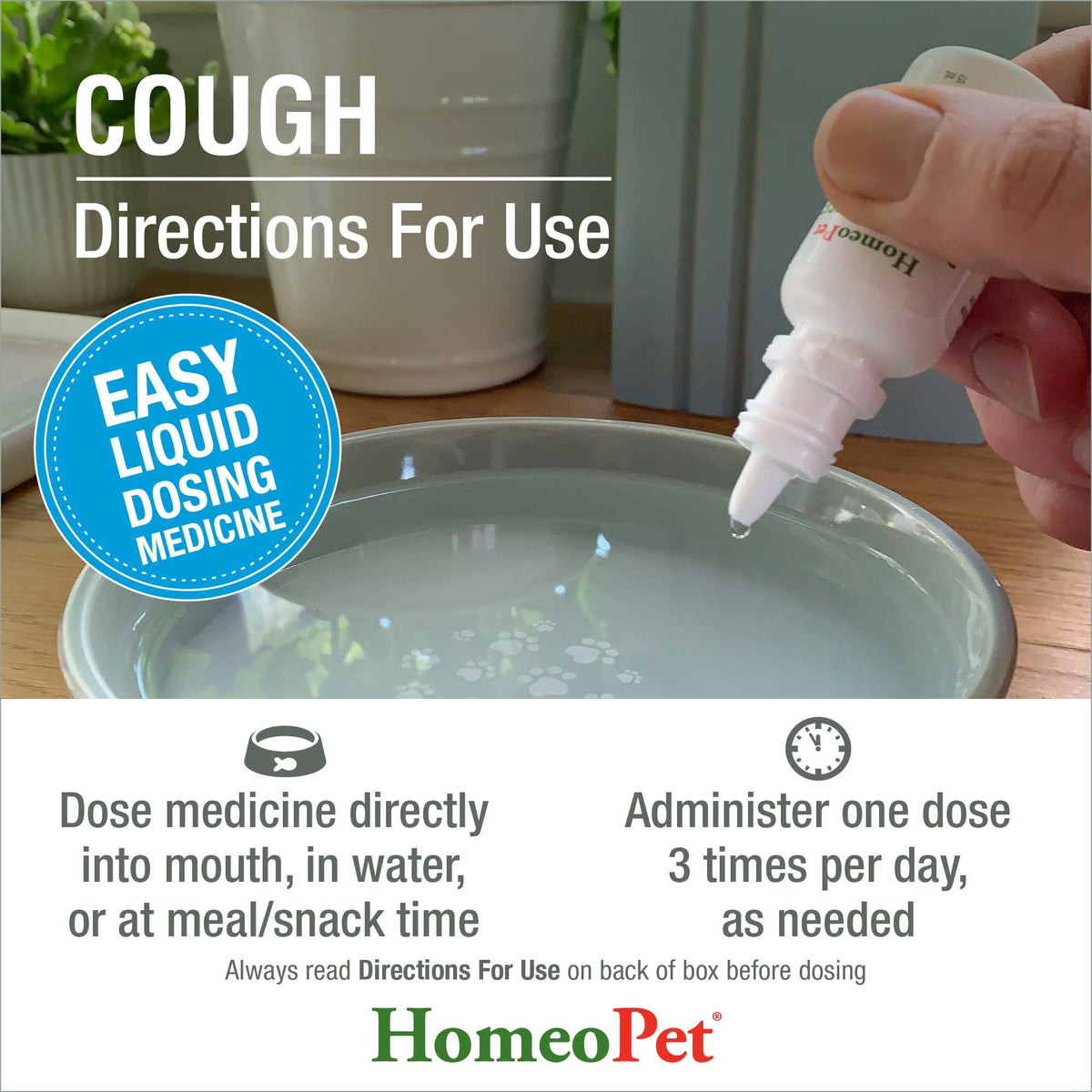 HomeoPet Cough directions for use, easy liquid dosing