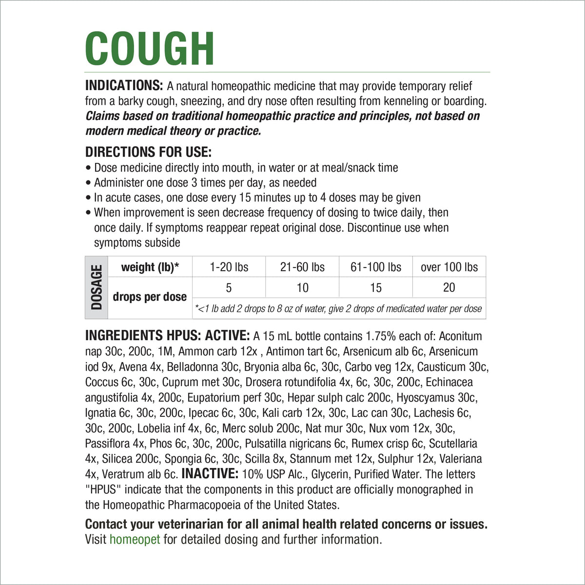 HomeoPet Cough product insert with indications, directions, dosage chart and ingredients