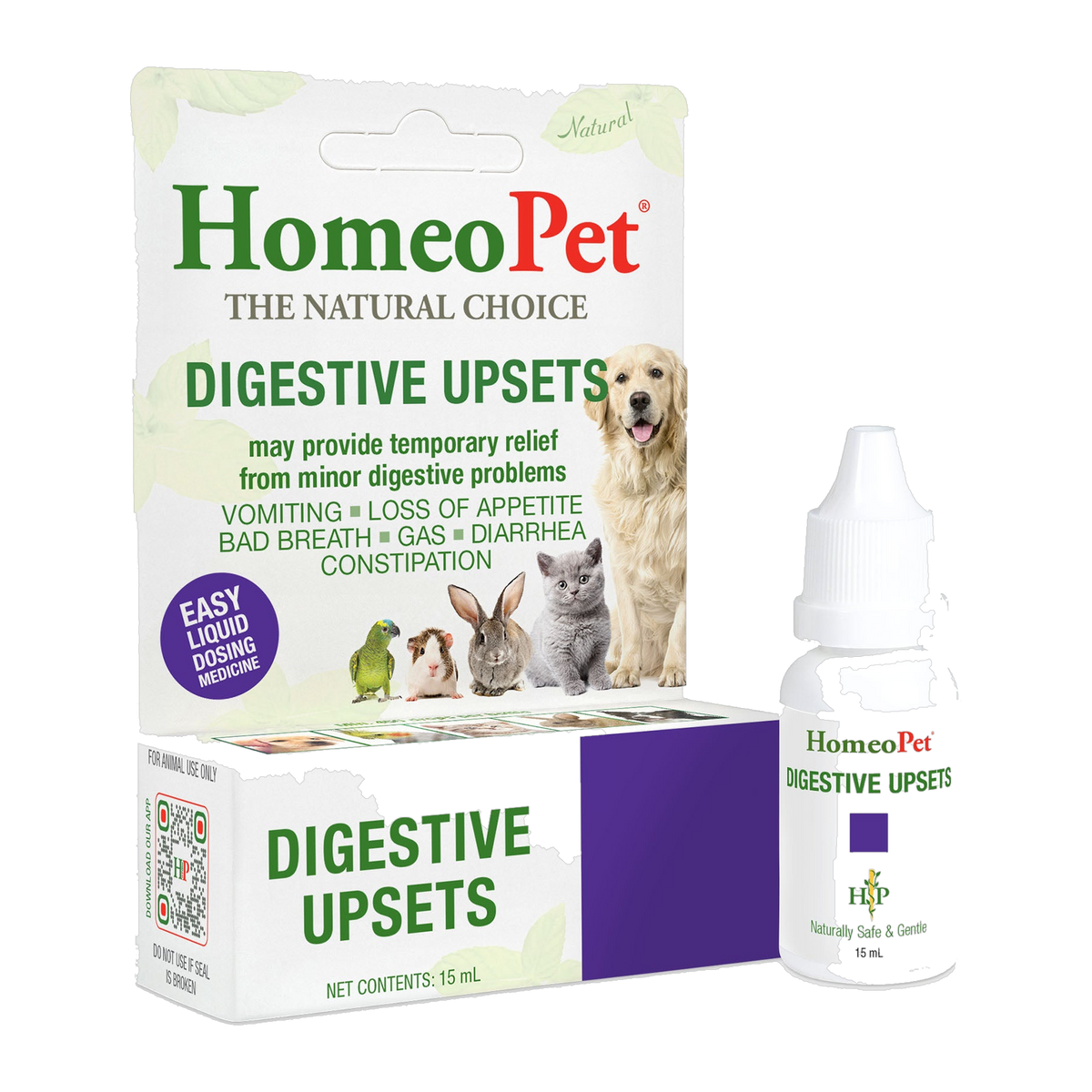 HomeoPet Digestive Upsets 15 ml natural homeopathic drops, box and dropper bottle