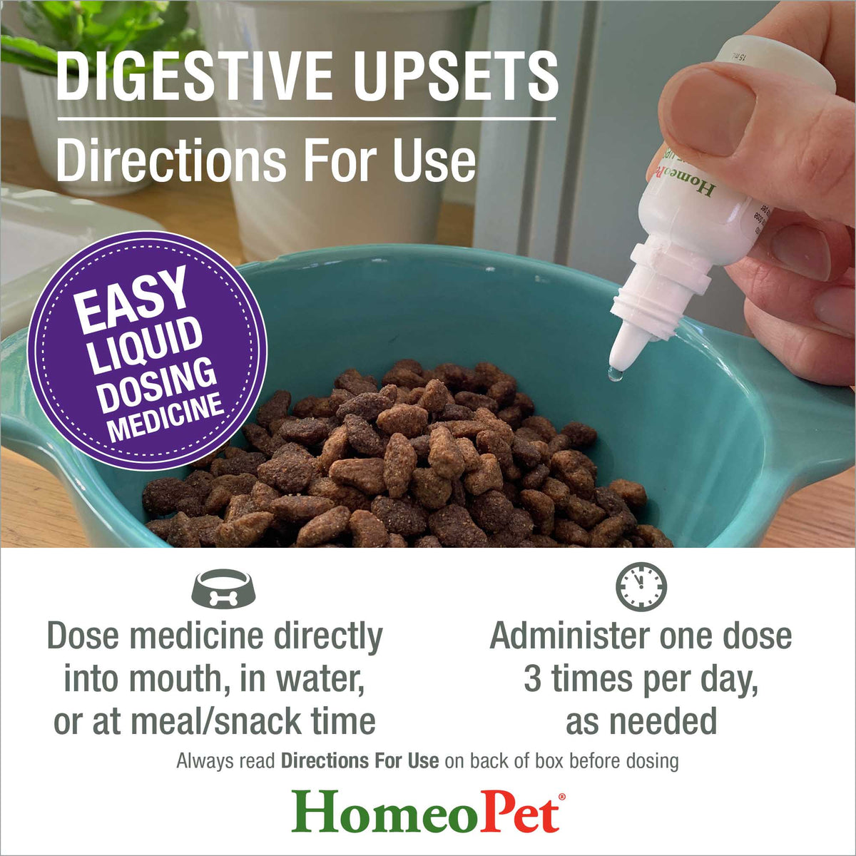 HomeoPet Digestive Upsets directions for use, easy liquid dosing