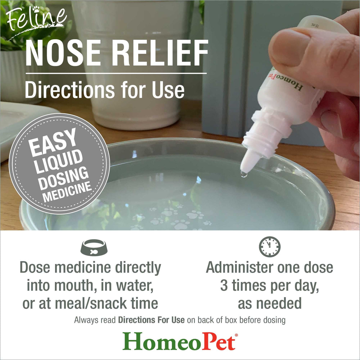 HomeoPet Feline Nose Relief directions for use, easy liquid dosing