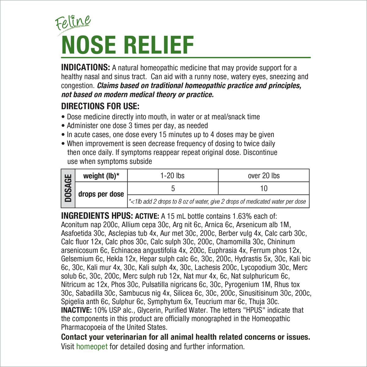 HomeoPet Feline Nose Relief product insert with indications, directions, dosage chart and ingredients