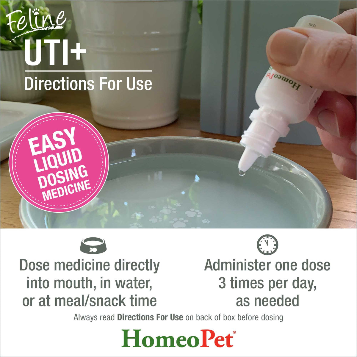 HomeoPet Feline UTI+ directions for use, easy liquid dosing