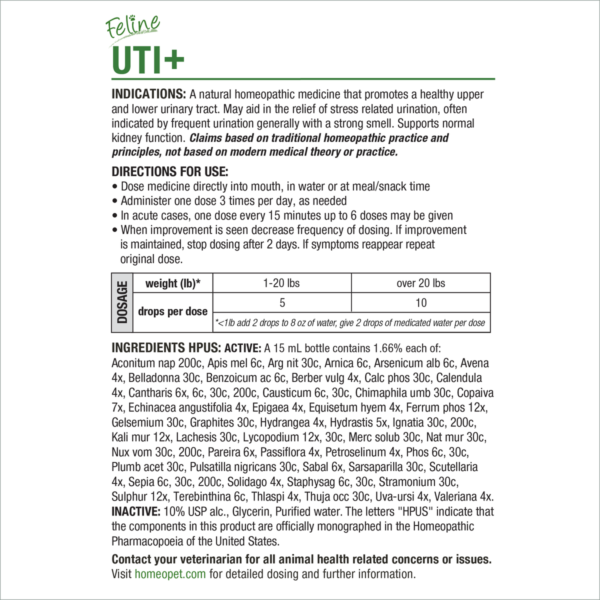 HomeoPet Feline UTI+ product insert with indications, directions, dosage chart and ingredients