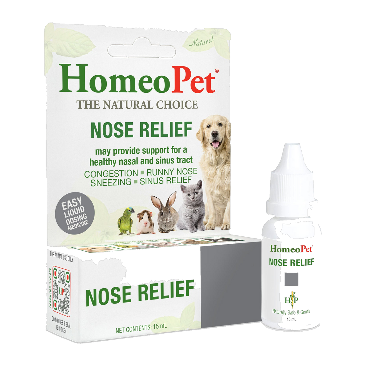 HomeoPet Nose Relief 15 ml natural homeopathic drops, box and dropper bottle
