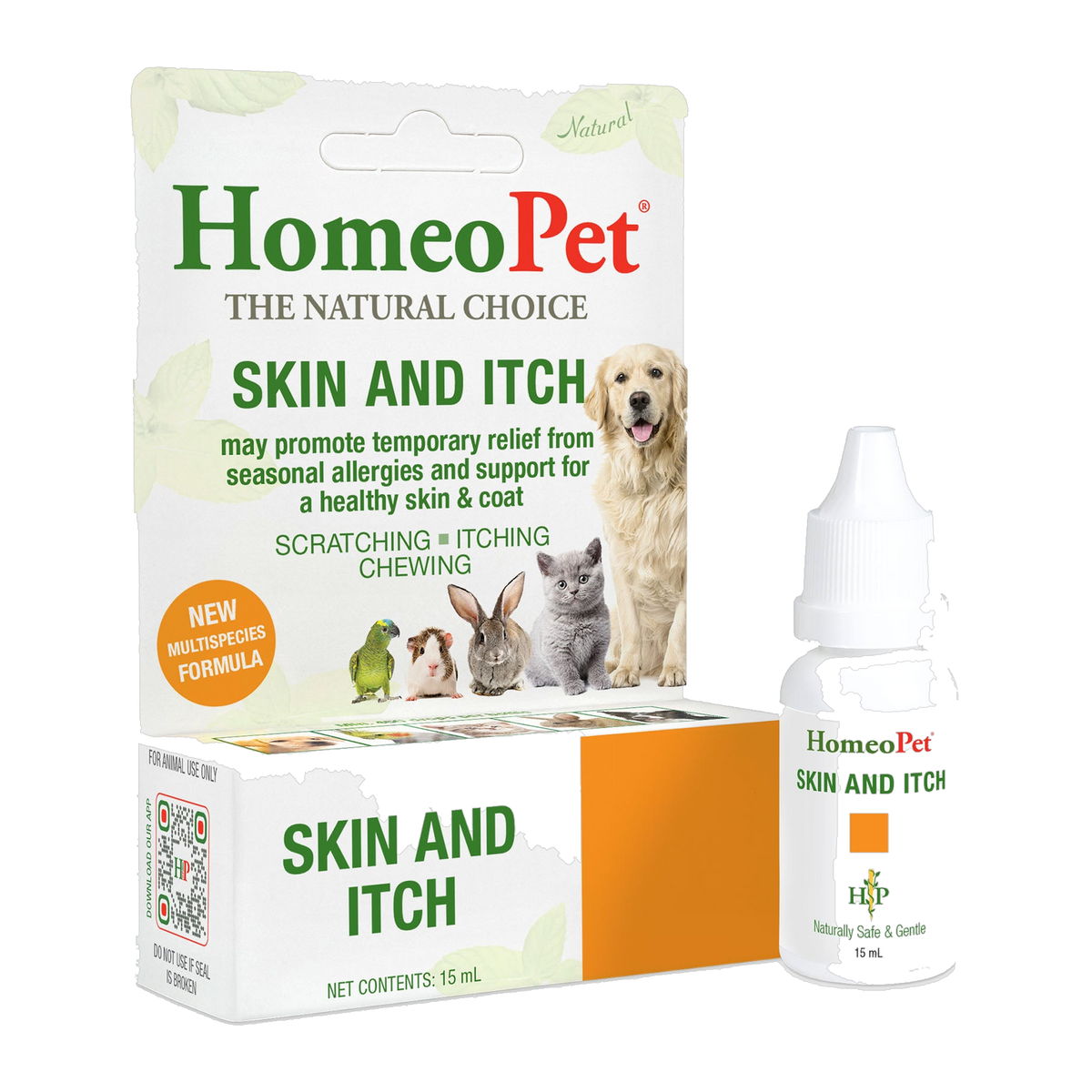 HomeoPet Skin and Itch 15 ml natural homeopathic drops, box and dropper bottle