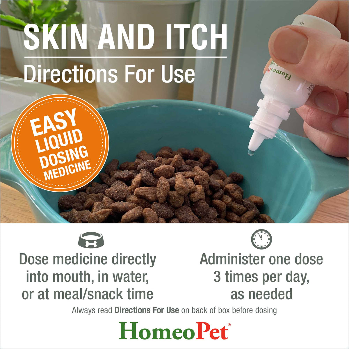 HomeoPet Skin and Itch directions for use, easy liquid dosing