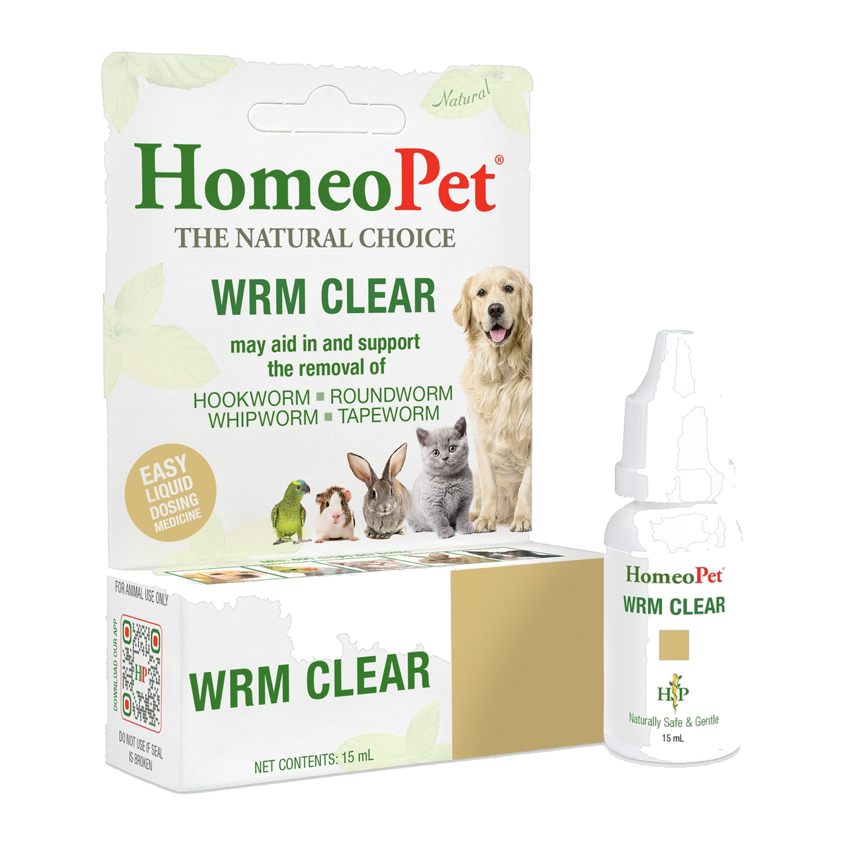 HomeoPet WRM Clear 15 ml natural homeopathic drops, box and dropper bottle