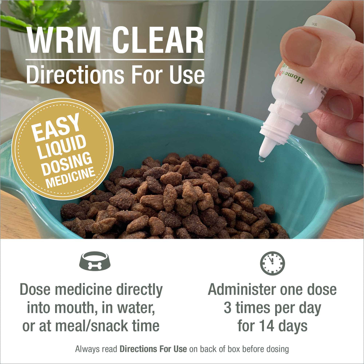 HomeoPet WRM Clear directions for use, easy liquid dosing