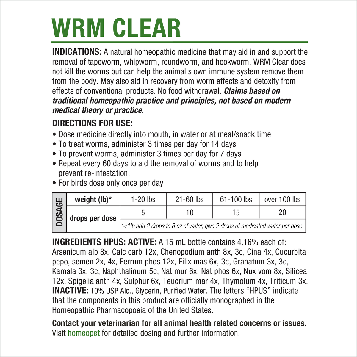 HomeoPet WRM Clear product insert with indications, directions, dosage chart and ingredients
