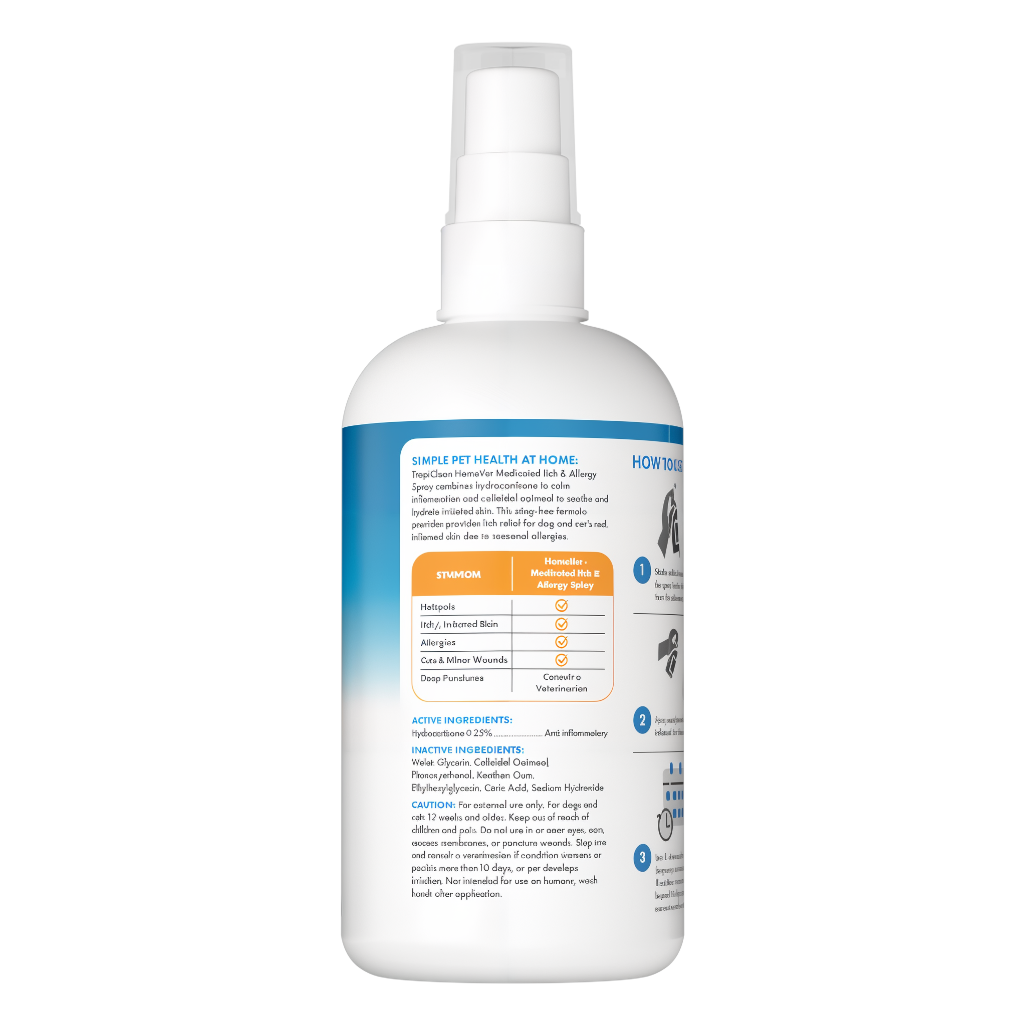 TropiClean HomeVet Medicated Itch & Allergy Pet Spray, back of oz spray bottle