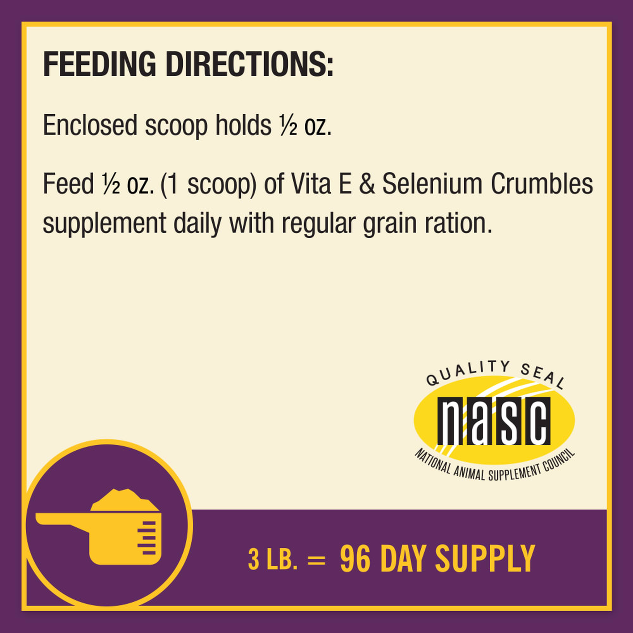 Horse Health Vita-E & Selenium Crumbles feeding and use directions from the label