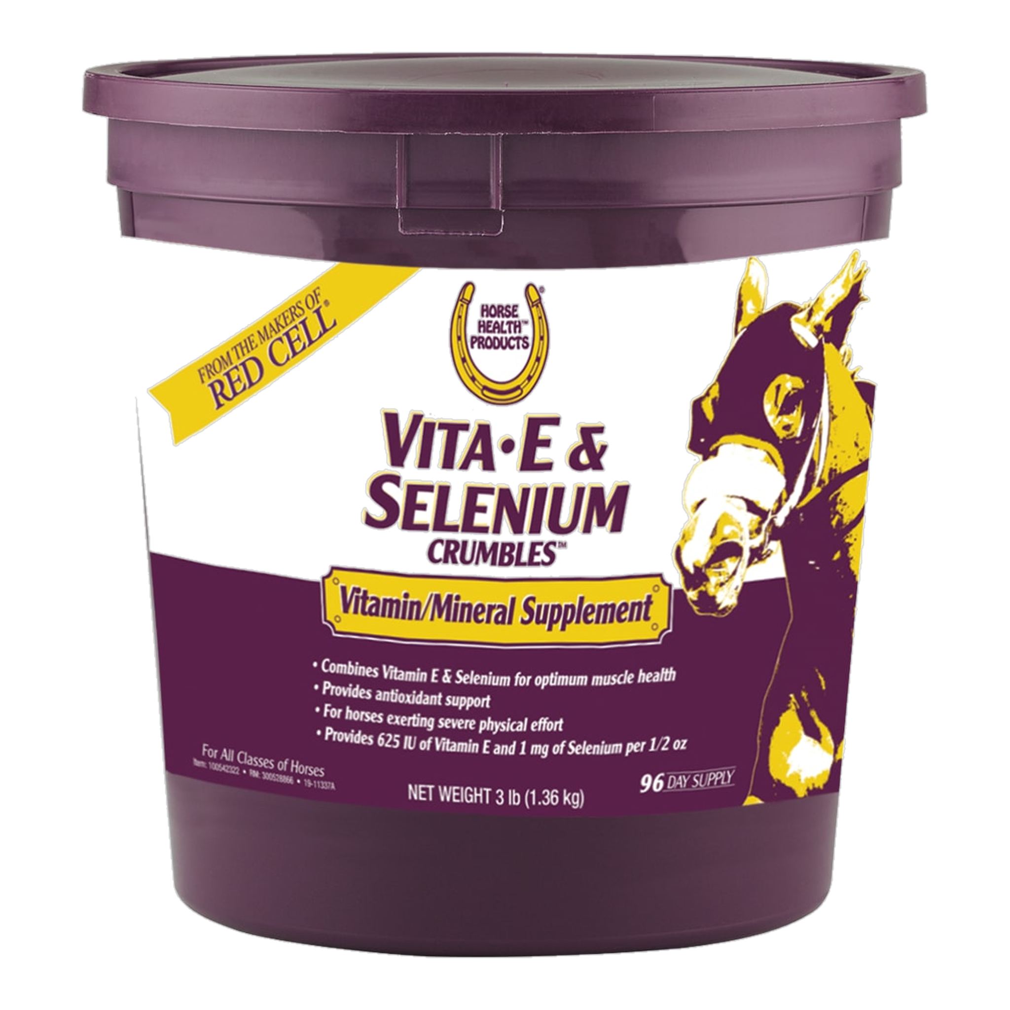 Horse Health Vita-E & Selenium Crumbles package showing size