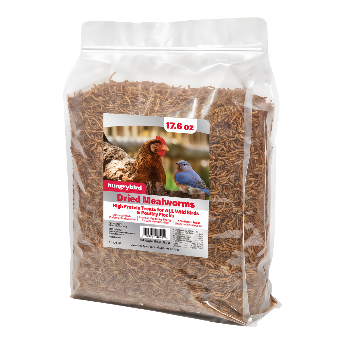 Hungrybird Dried Mealworms Wild Bird & Poultry Treats -- front of 17.6 oz clear bag