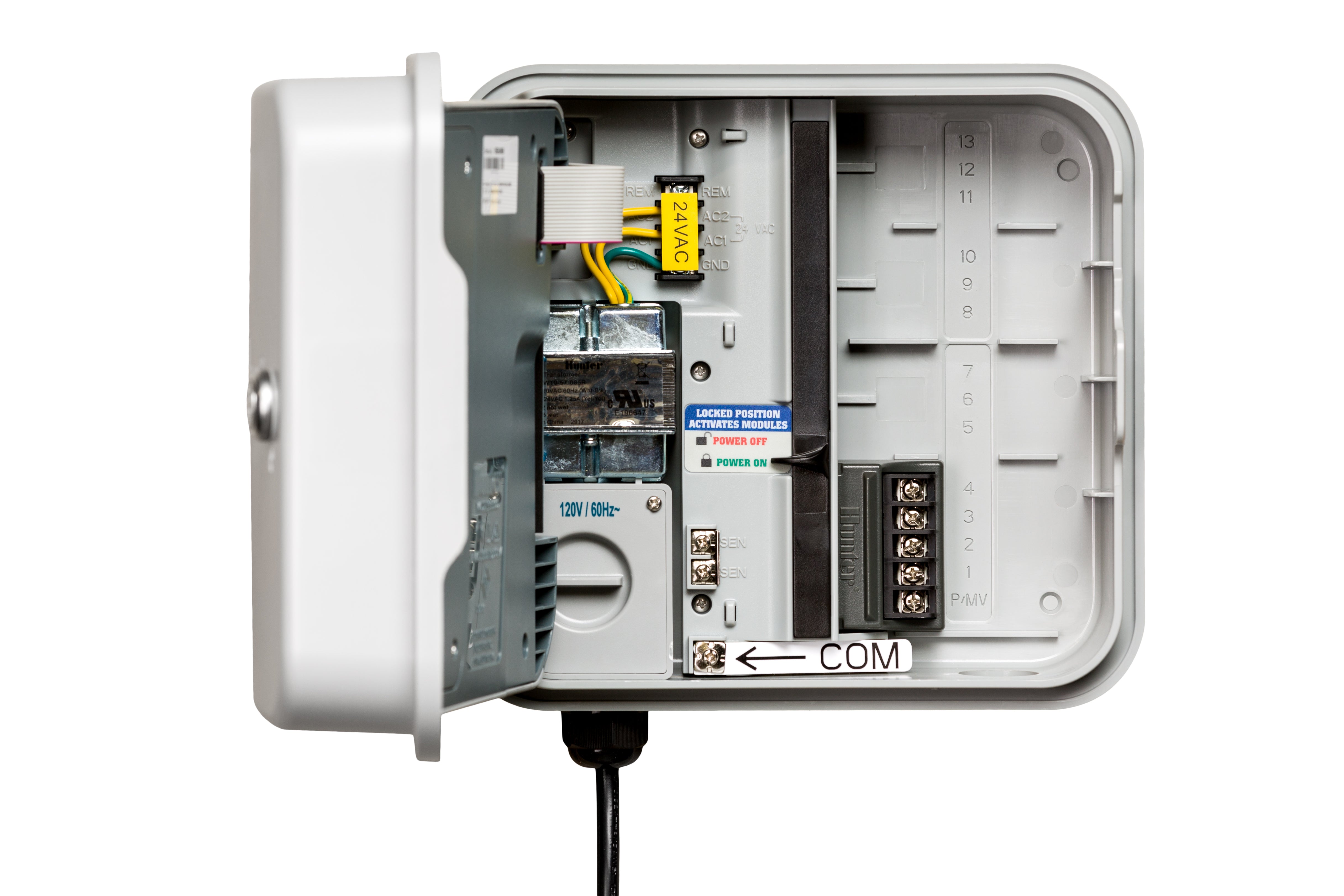 Hunter HPC-400 controller wiring compartment detail with 120V transformer, 24VAC harness, sensor terminals SEN and SEN-2, modular expansion bay, and station terminal strip positions 1 through 13