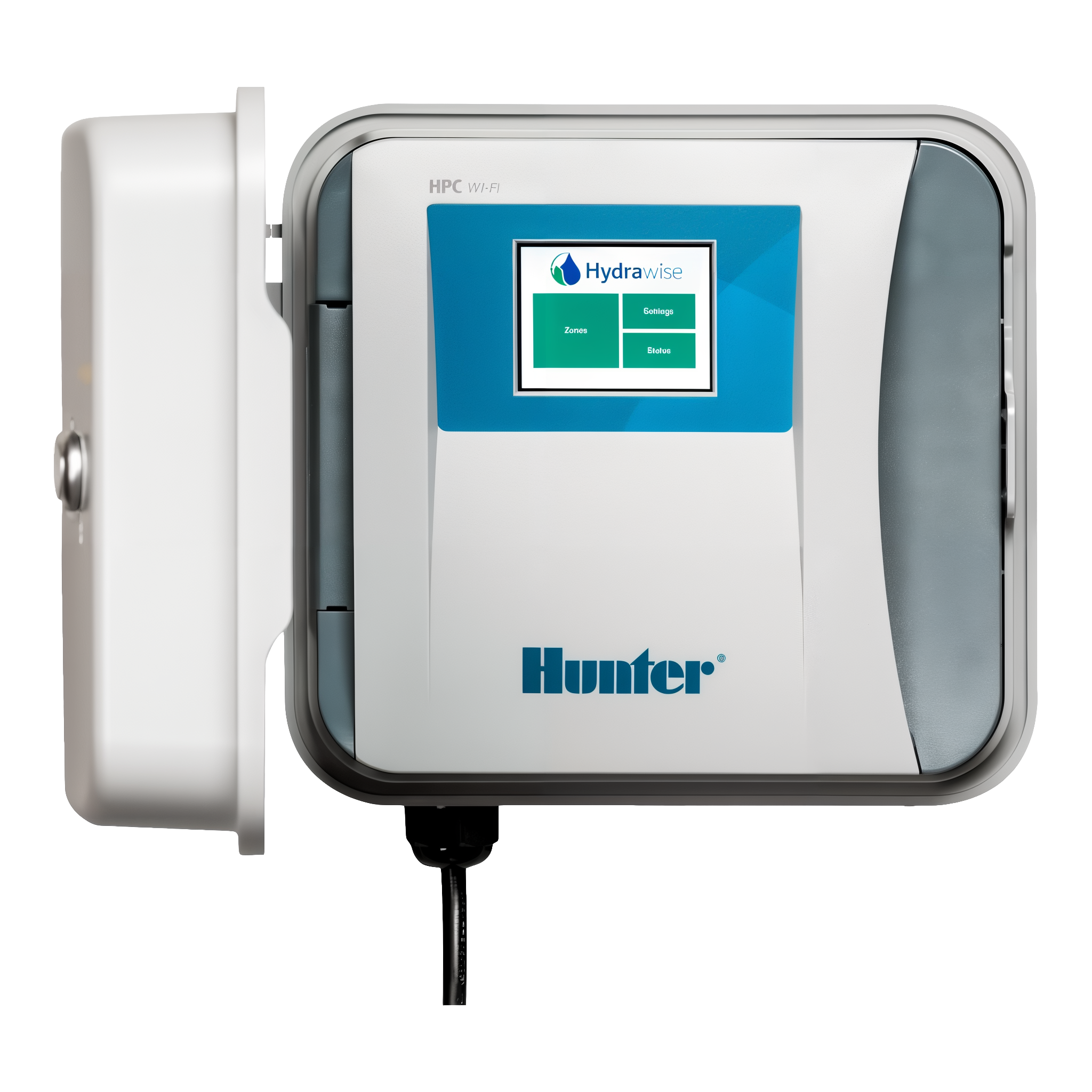 Hunter HPC-400 Hydrawise Wi-Fi irrigation controller front view with door open showing 2.4 in. color touchscreen running the Hydrawise app tile UI
