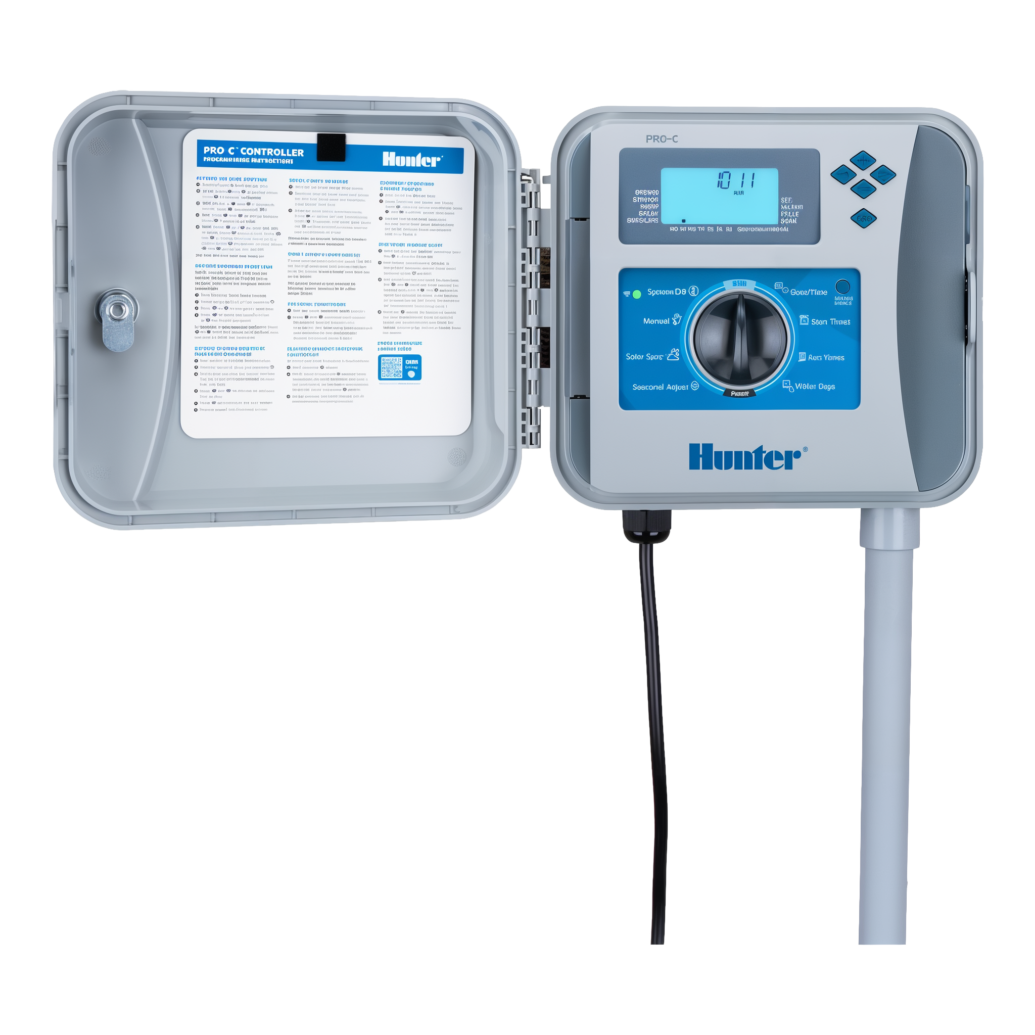 Hunter P2C-400 Pro-C 4-station modular irrigation controller front view with door open showing programming sticker, dial, and LCD display
