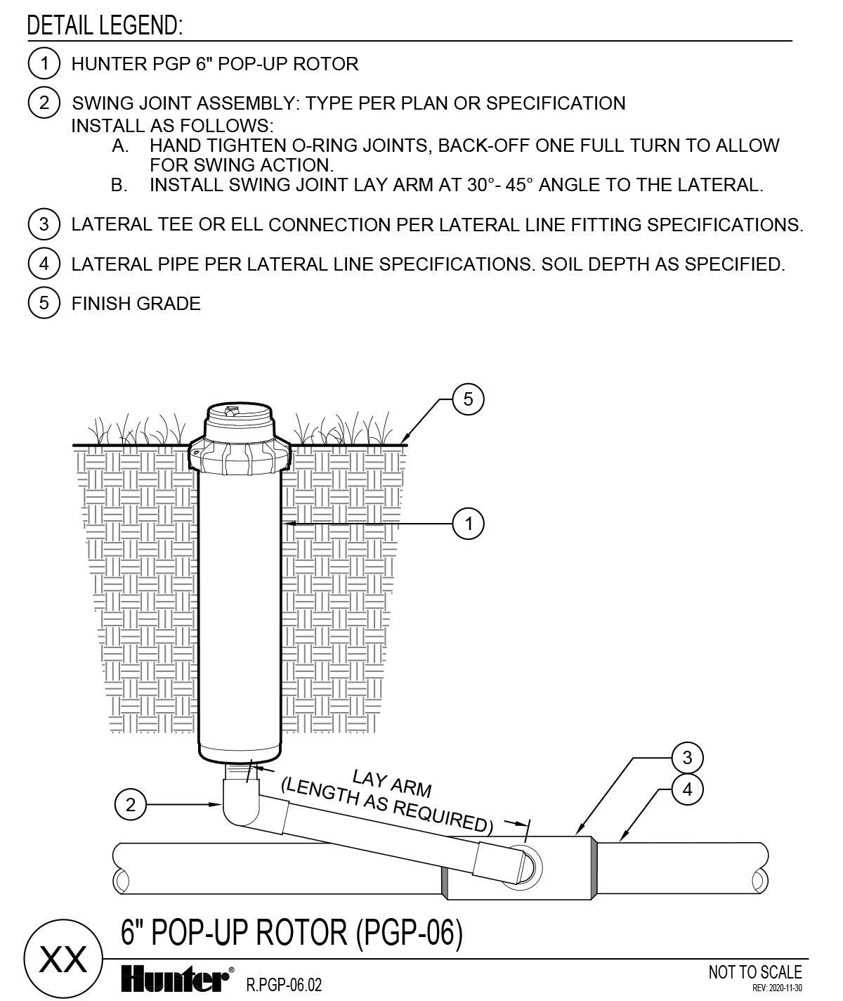Hunter PGP-04 Ultra 4 in. pop-up gear-drive rotor in-ground installation diagram with finish grade and lateral pipe references
