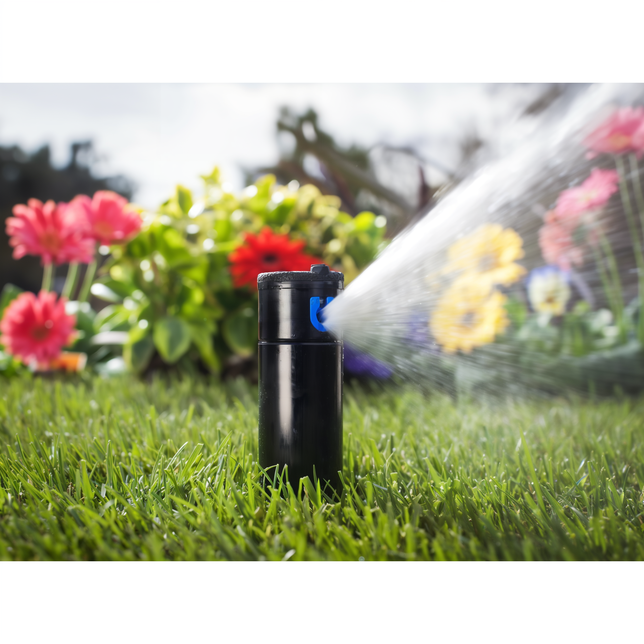 Hunter PGP-04 Ultra rotor running in green turf with flowers in background — popped-up watering pattern shown