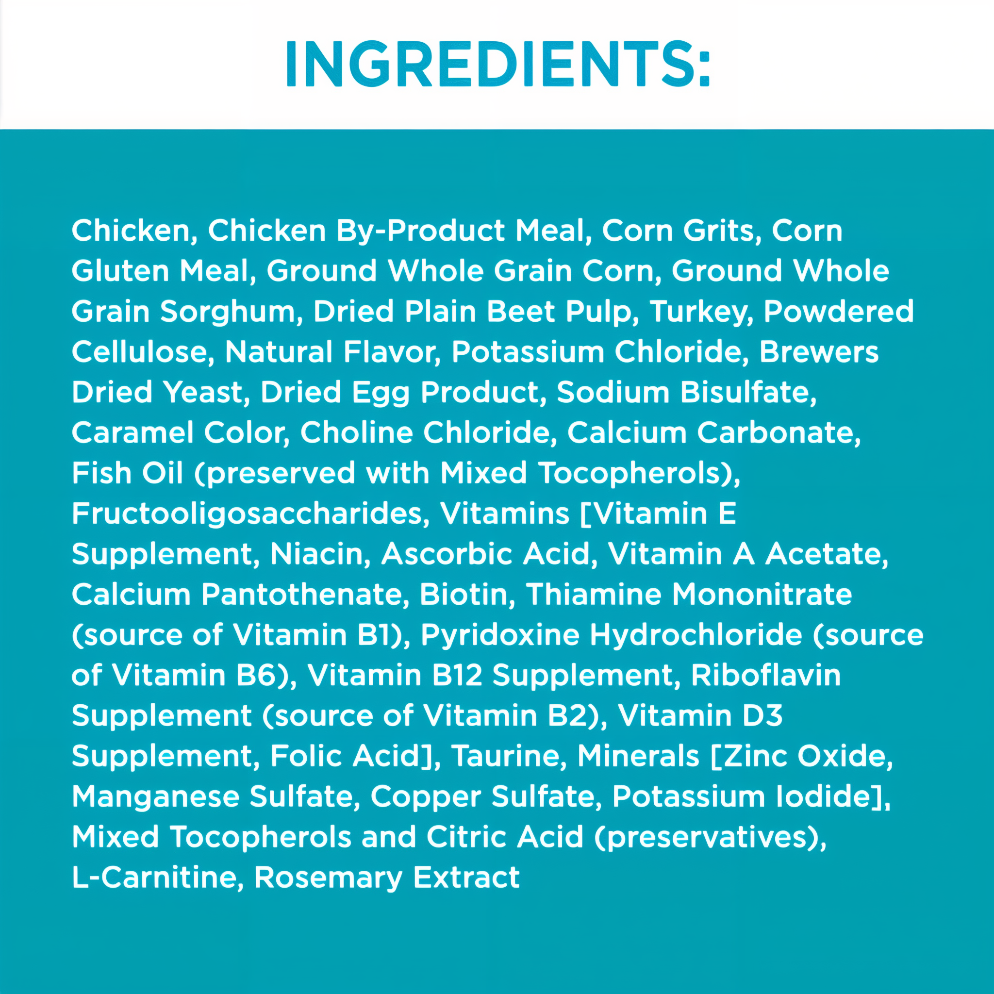 Full ingredients list for IAMS Indoor Weight and Hairball Care with chicken and turkey