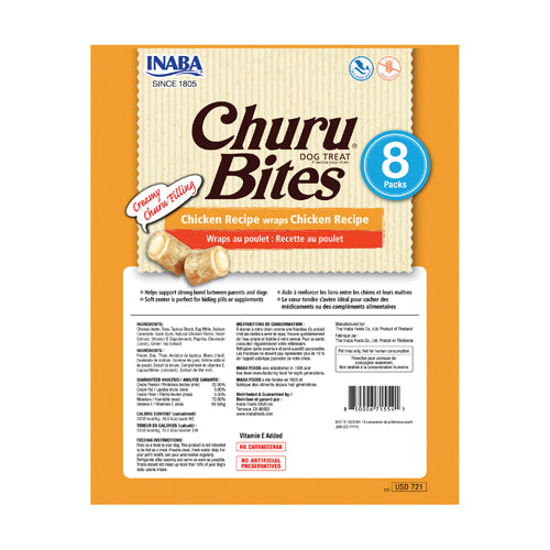 Inaba Churu Bites Chicken Recipe Wraps Chicken Recipe Dog Treats back label with ingredients, guaranteed analysis, calorie content, and feeding instructions