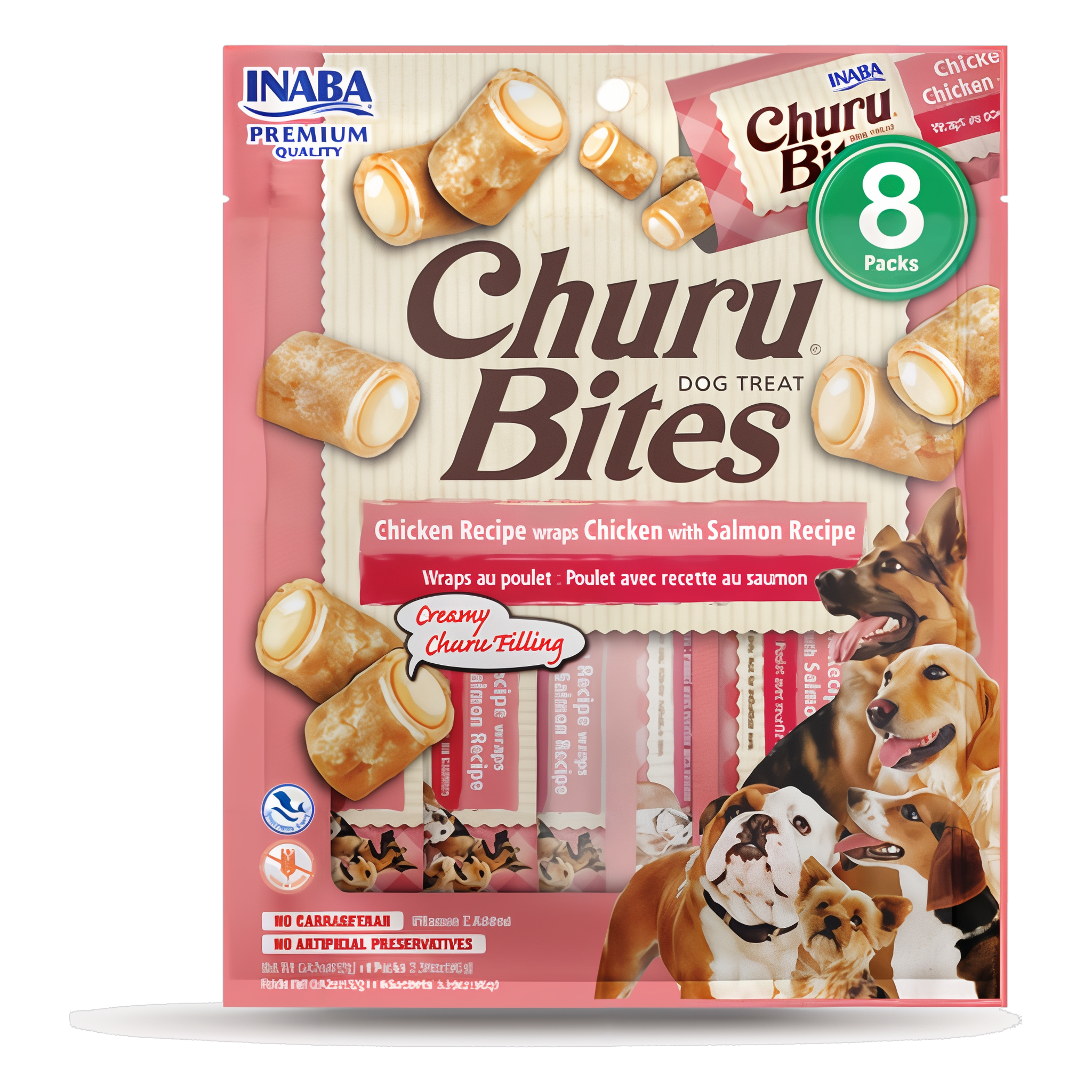 Inaba Churu Bites Chicken Recipe Wraps Chicken with Salmon Recipe Dog Treats, 8 pieces package