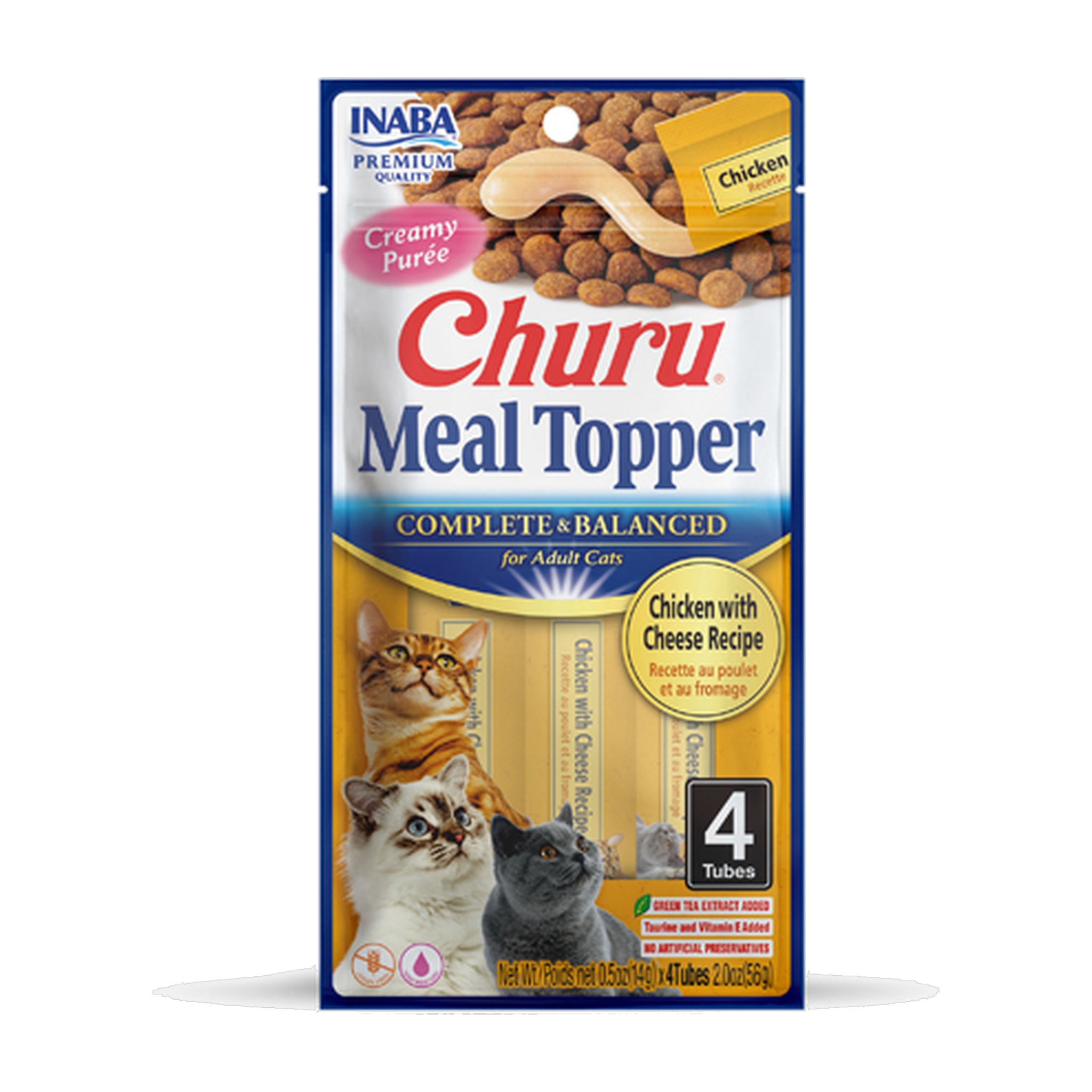Inaba Churu Meal Topper Chicken with Cheese Recipe, complete and balanced, front of 4-tube pack.