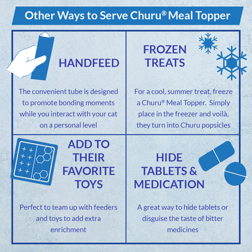 Other ways to serve Churu Meal Topper: hand-feed, frozen treats, add to toys, hide medication.
