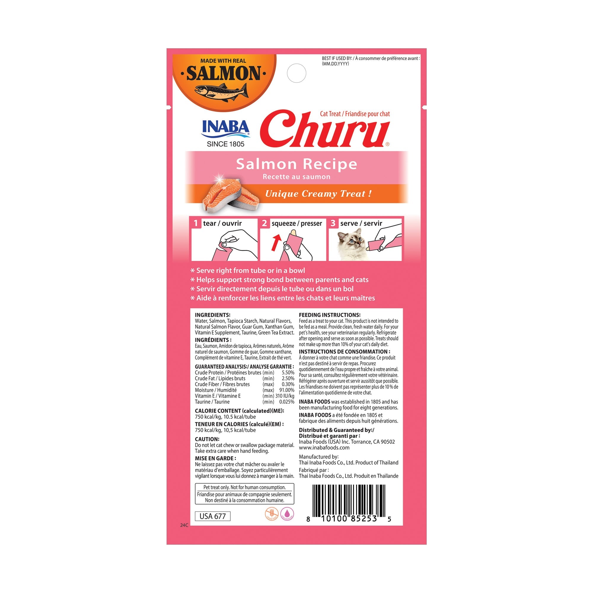 Inaba Churu Salmon Recipe Cat Treats back label with ingredients, guaranteed analysis, calorie content, and feeding instructions