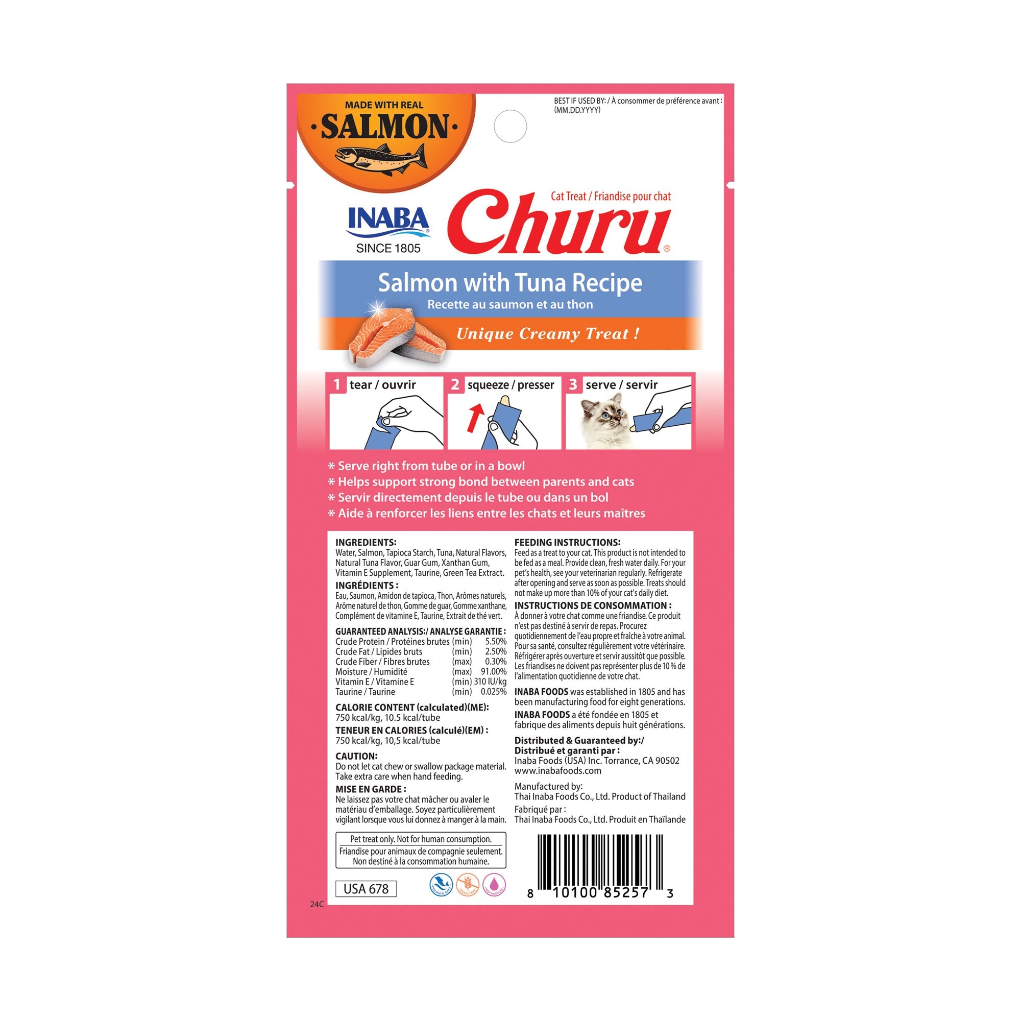 Inaba Churu Salmon with Tuna Recipe Cat Treats back label with ingredients, guaranteed analysis, calorie content, and feeding instructions