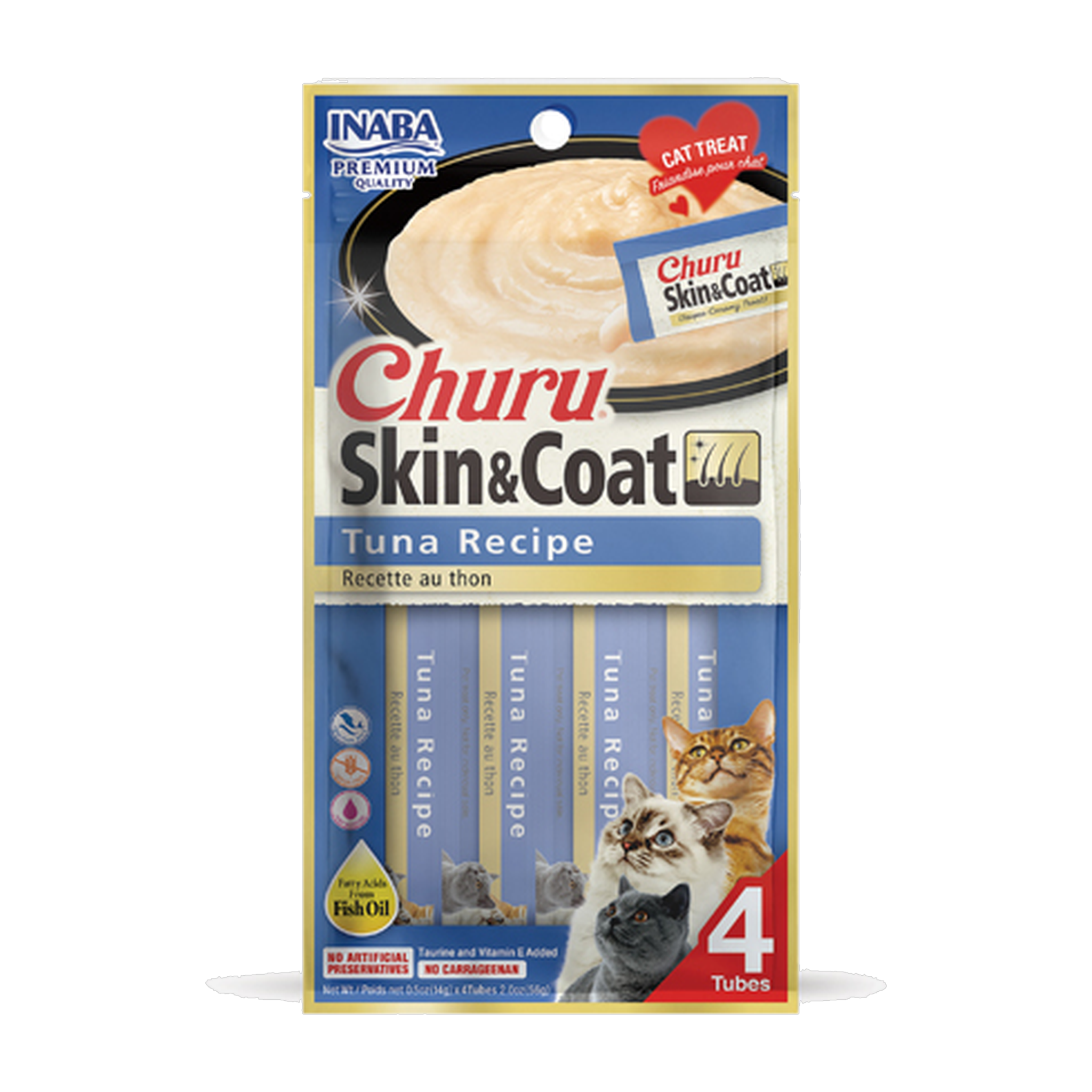 Inaba Churu Skin & Coat Tuna Recipe cat treats, front of 4-tube pack with fish oil.