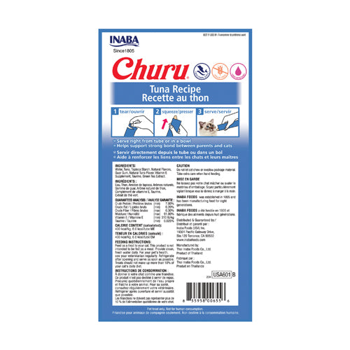 Inaba Churu Tuna Recipe Cat Treats back label with ingredients, guaranteed analysis, calorie content, and feeding instructions