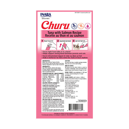 Inaba Churu Tuna with Salmon Recipe Cat Treats back label with ingredients, guaranteed analysis, calorie content, and feeding instructions