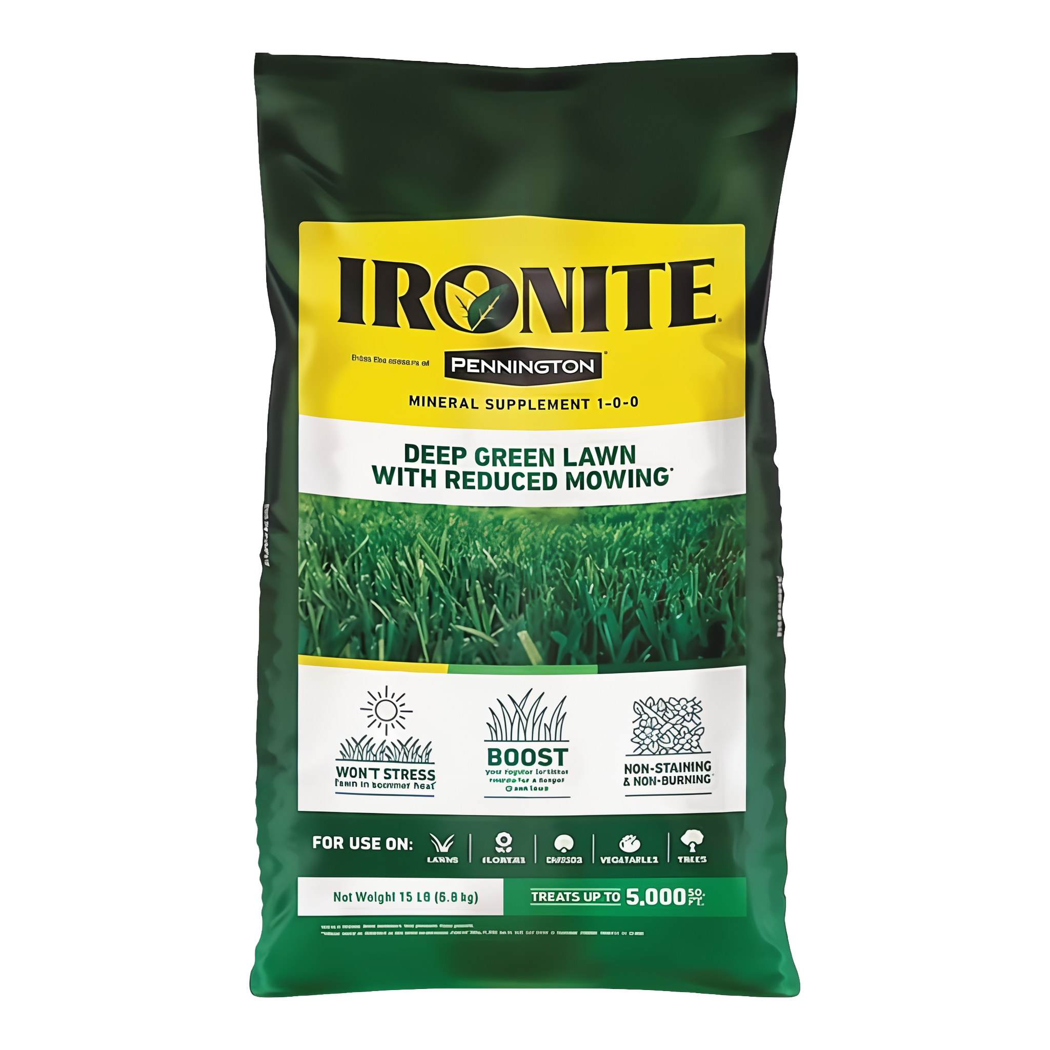 Ironite Mineral Supplement 1-0-0 by Pennington 15 lb bag, iron-rich granular lawn supplement for a deep green lawn with reduced mowing, non-staining and non-burning, for lawns flowers shrubs vegetables and trees, treats up to 5,000 sq ft