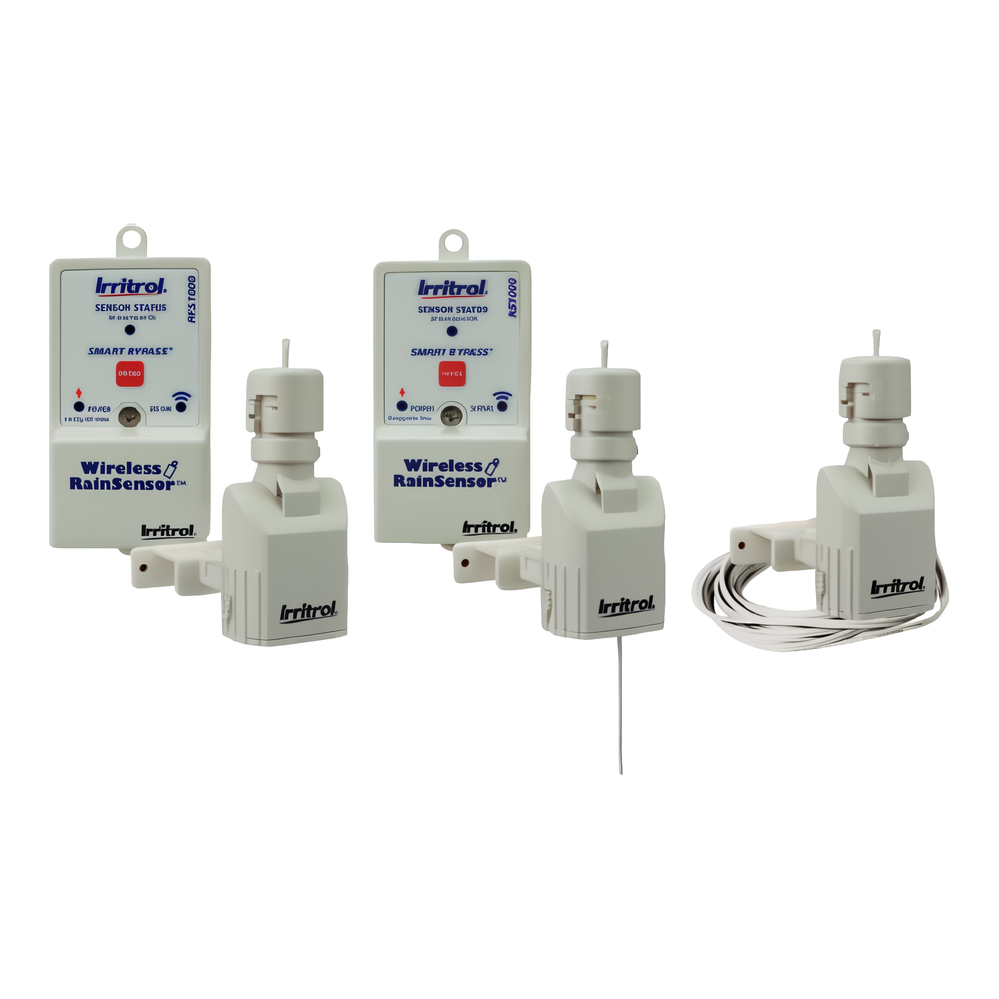 Irritrol RS1000 wireless rain sensor receiver and transmitter pair shown center, with companion RainSensor Series models on transparent background