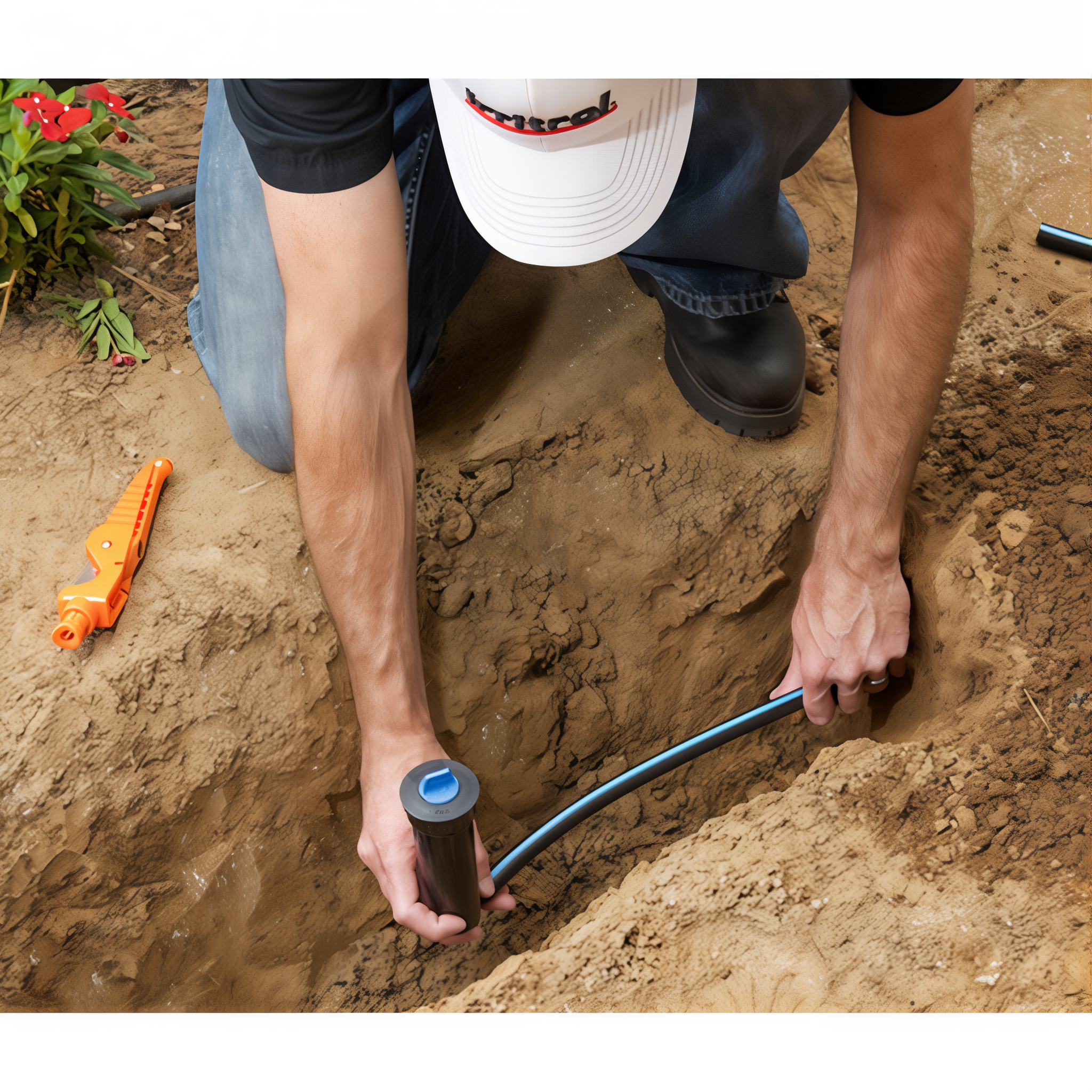 Irrigation installer connecting Irritrol Super Blue Flex swing pipe to a sprinkler riser in a trenched landscape bed