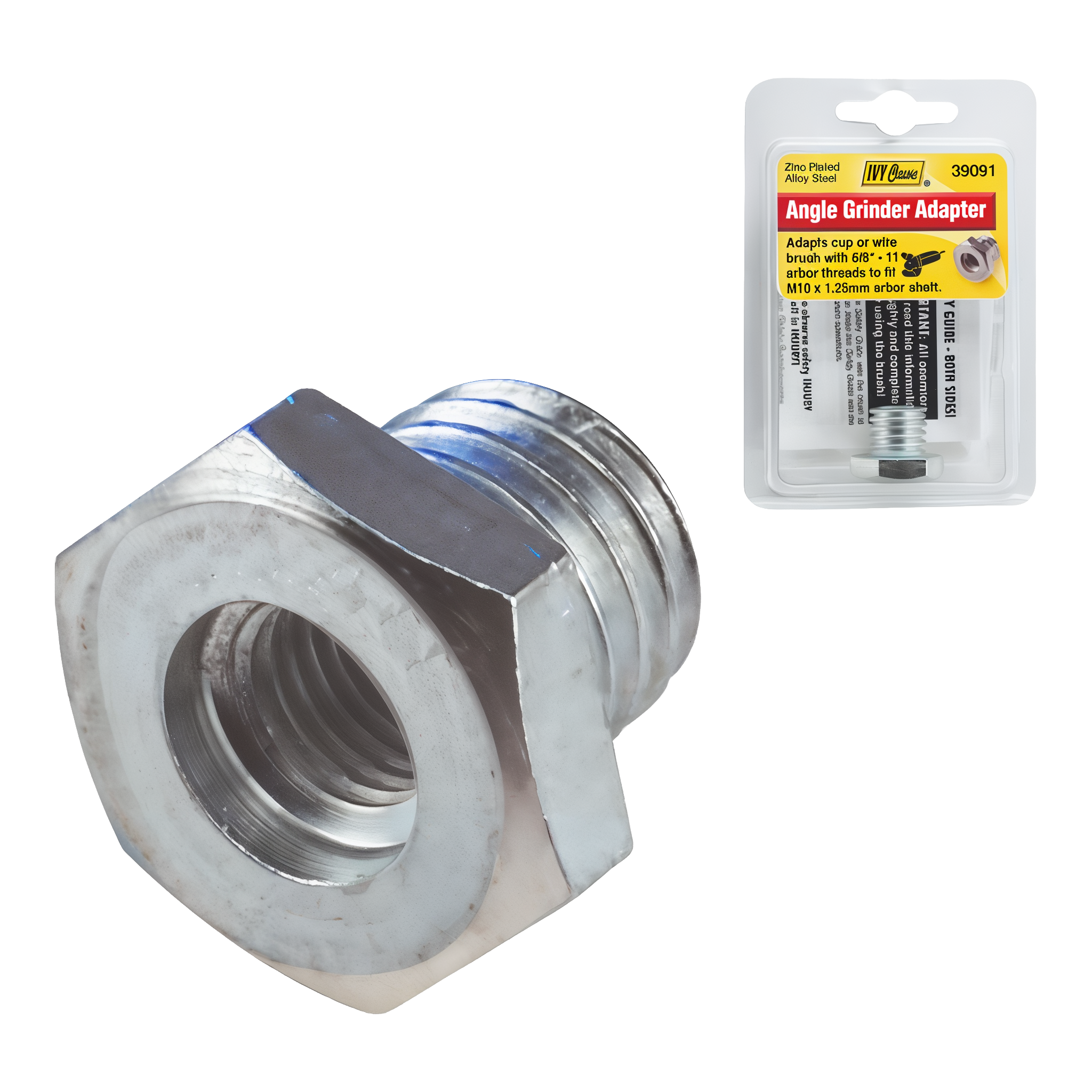 Ivy Classic 39091 angle grinder adapter zinc-plated alloy steel hex profile with 5/8 inch 11 UNC female bore and M10x1.25mm male shank, retail clamshell card showing IVY Classic Angle Grinder Adapter label and safety guide