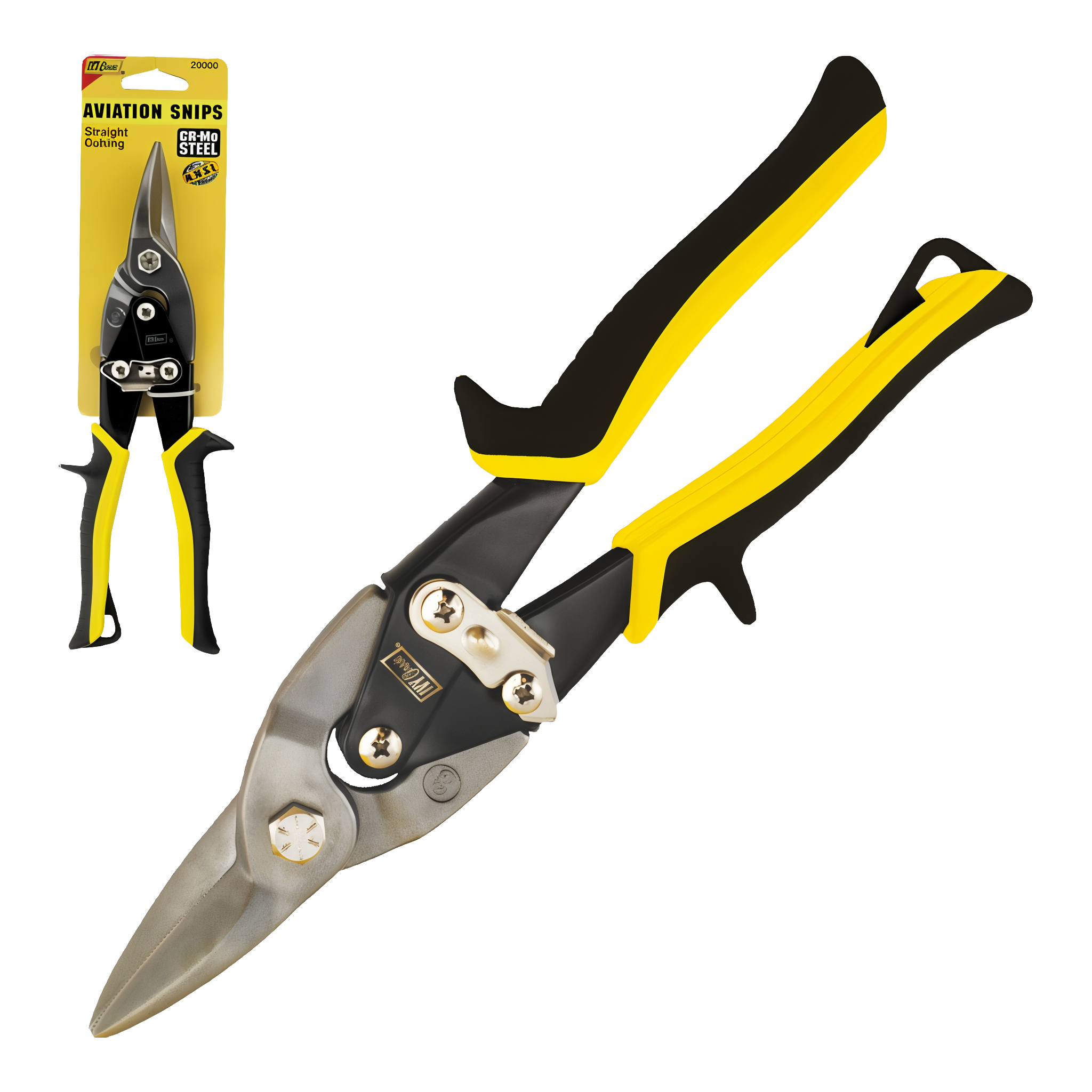 Ivy Classic 10 inch straight cutting aviation snips with yellow color-coded ergonomic handles compound leverage Cr-Mo steel jaws retail blister card showing AVIATION SNIPS Straight Cutting label model 20000