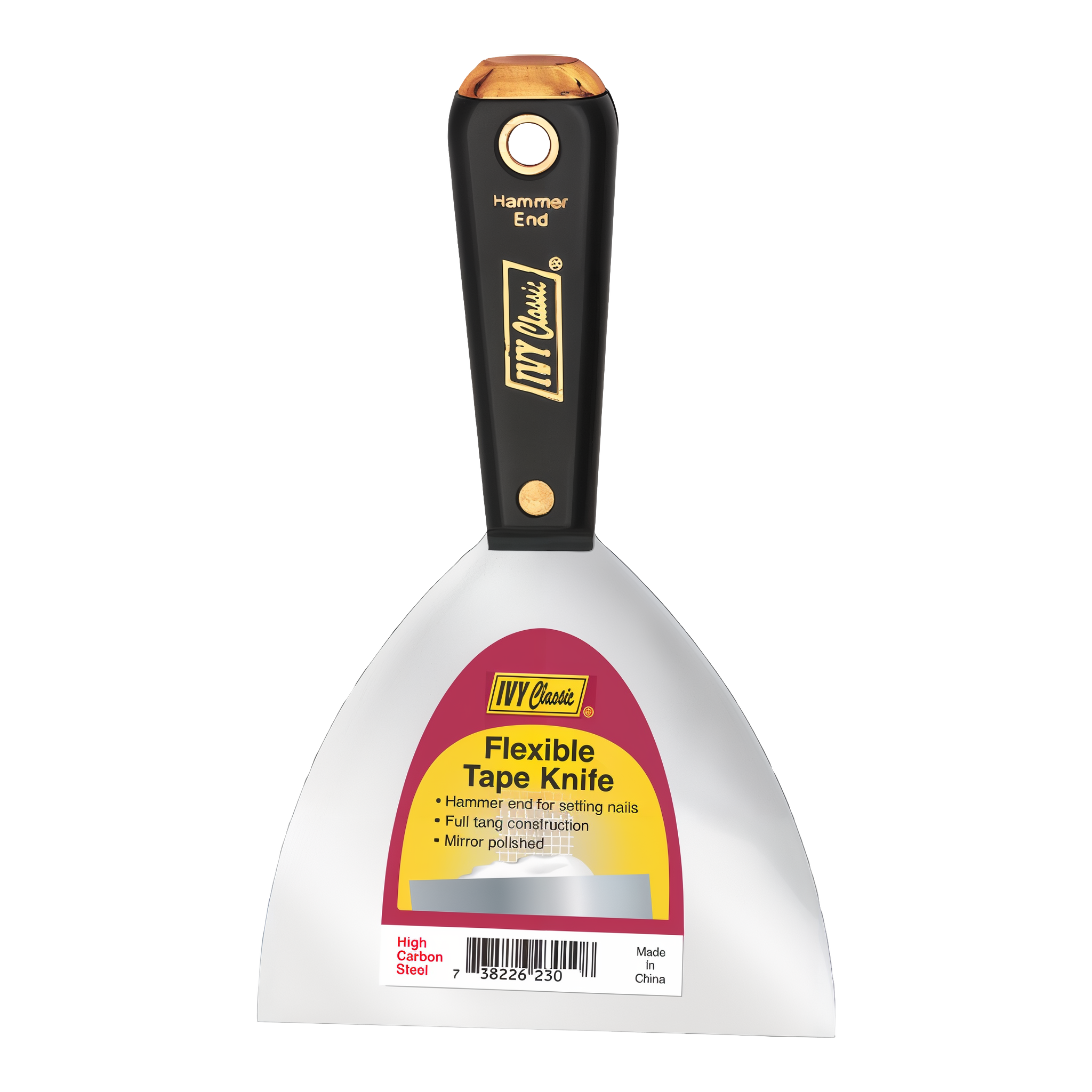Ivy Classic 6 inch flexible tape knife with mirror-polished high-carbon steel triangular blade, black plastic handle with brass rivet and brass hammer-end cap, IVY Classic gold logo and Flexible Tape Knife feature label visible