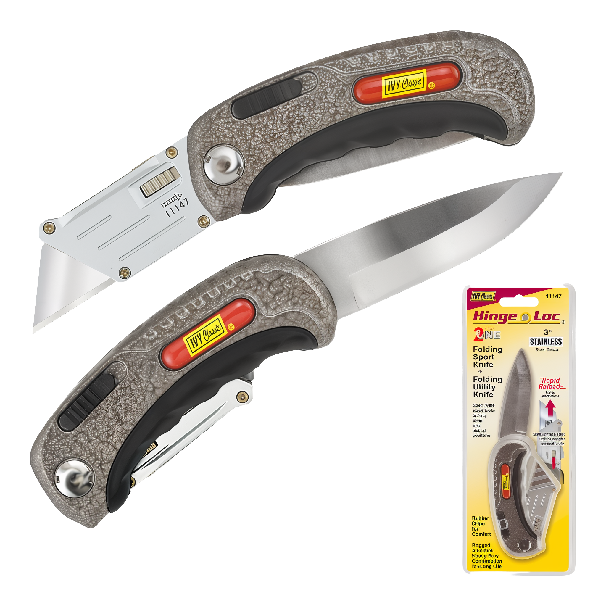IVY Classic 11147 Hinge-Loc folding utility and sports knife with rubber grip in stippled gray camouflage finish
