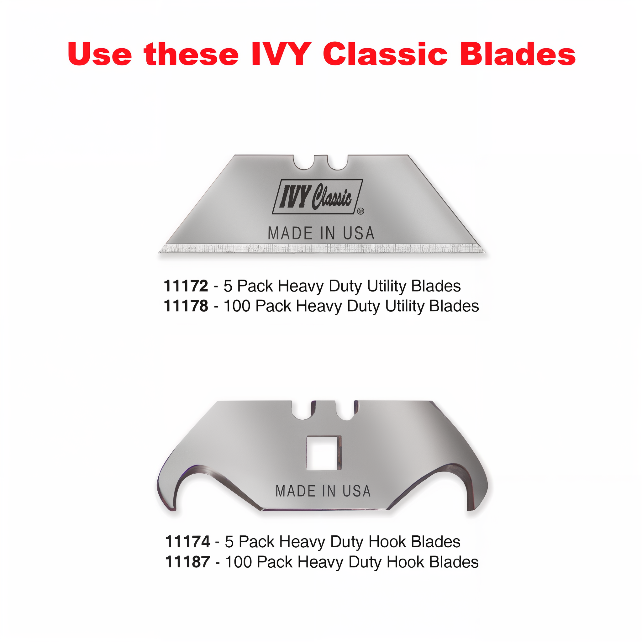 IVY Classic compatible replacement utility blades chart showing models 11172 and 11178
