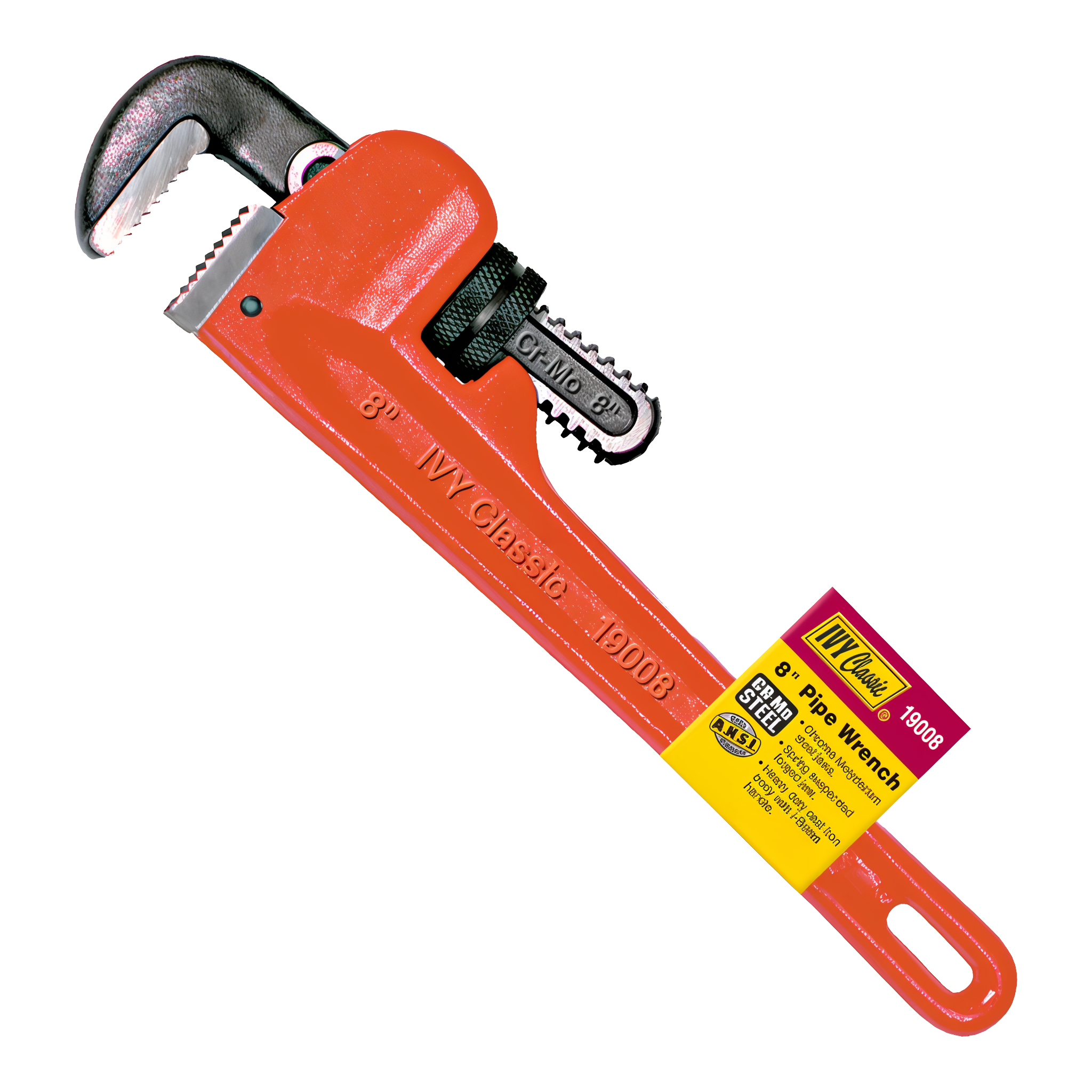 Ivy Classic 8 inch steel pipe wrench in red enamel cast-iron body with chrome molybdenum jaws and IVY Classic hangtag showing model 19008