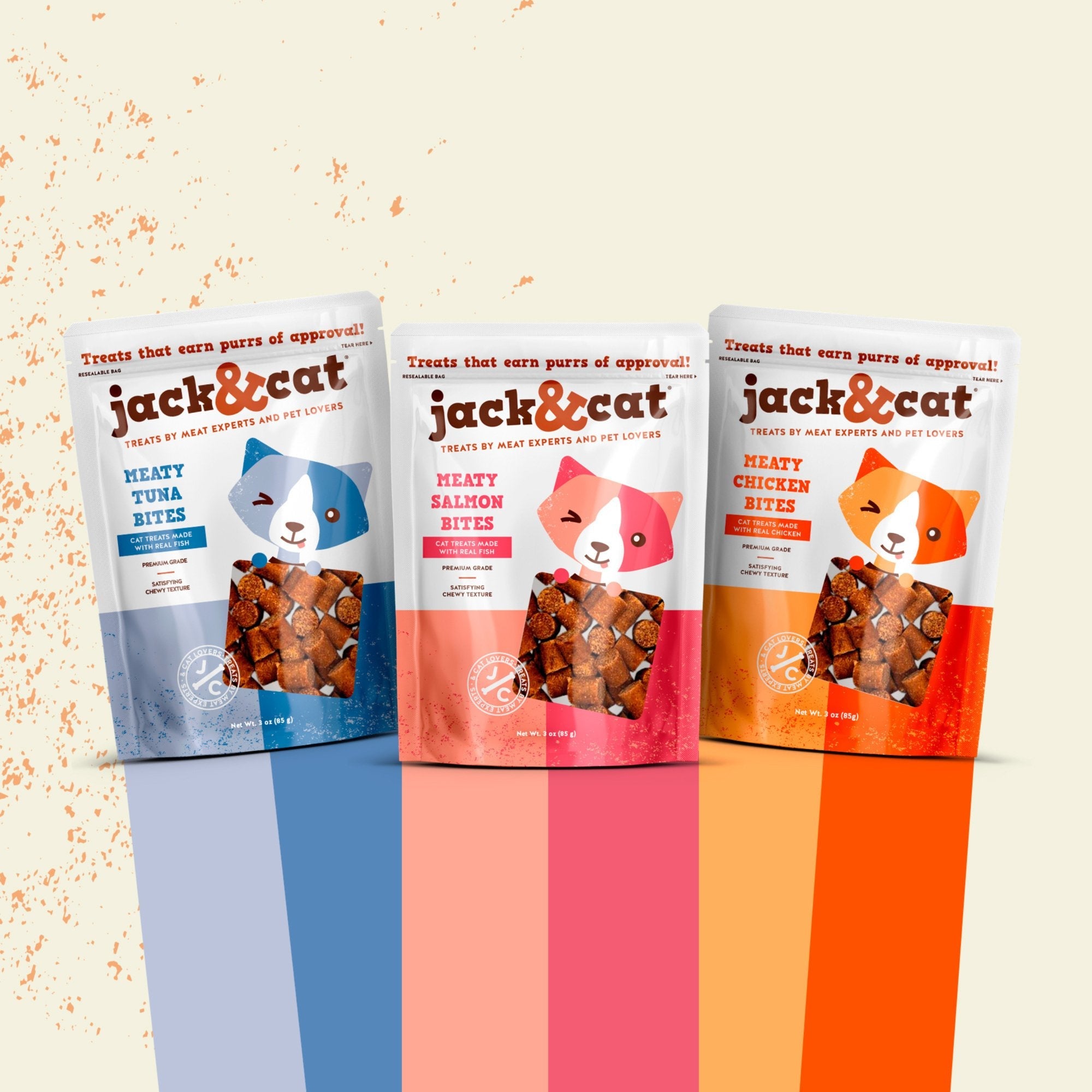 Jack & Cat Meaty Bites tuna, salmon and chicken flavor lineup