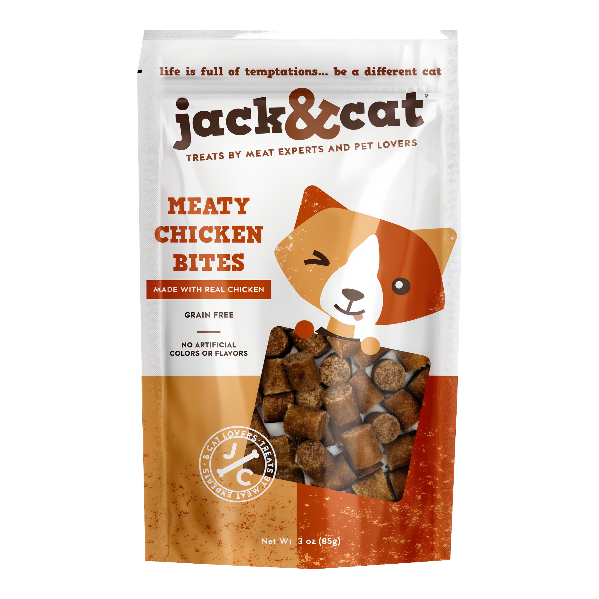 Jack & Cat Meaty Chicken Bites soft and chewy cat treats 3 oz pouch front