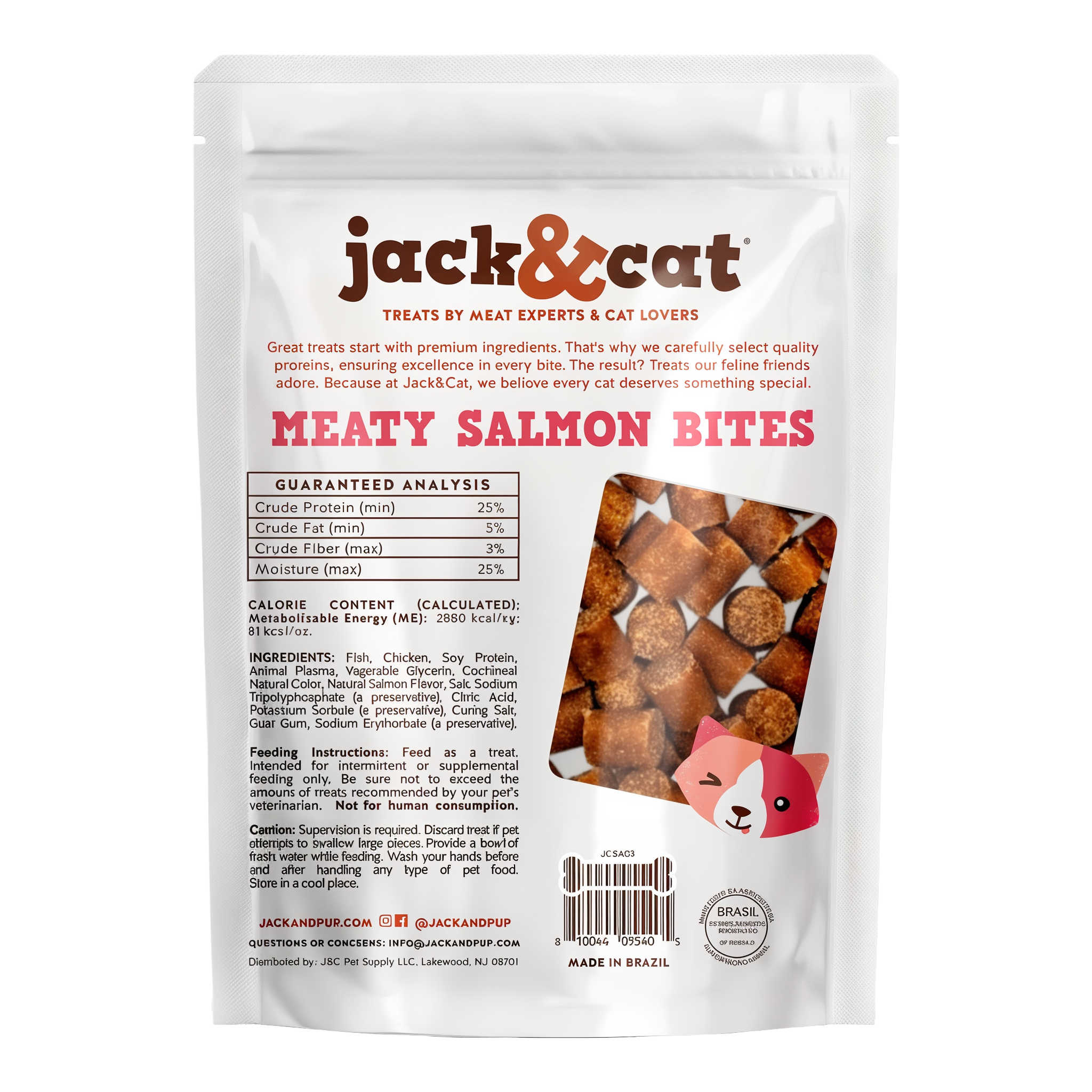 Meaty Salmon Bites pouch back with guaranteed analysis and ingredients
