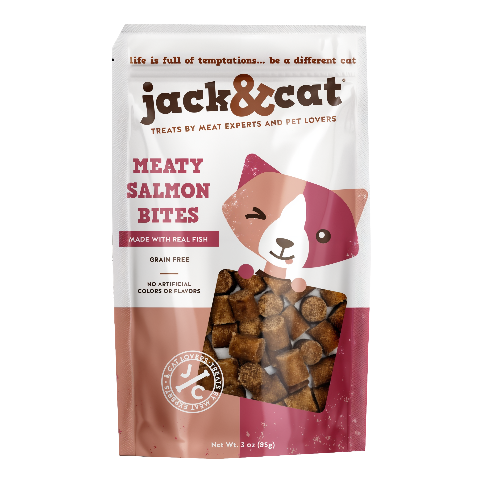 Jack & Cat Meaty Salmon Bites soft and chewy cat treats 3 oz pouch front