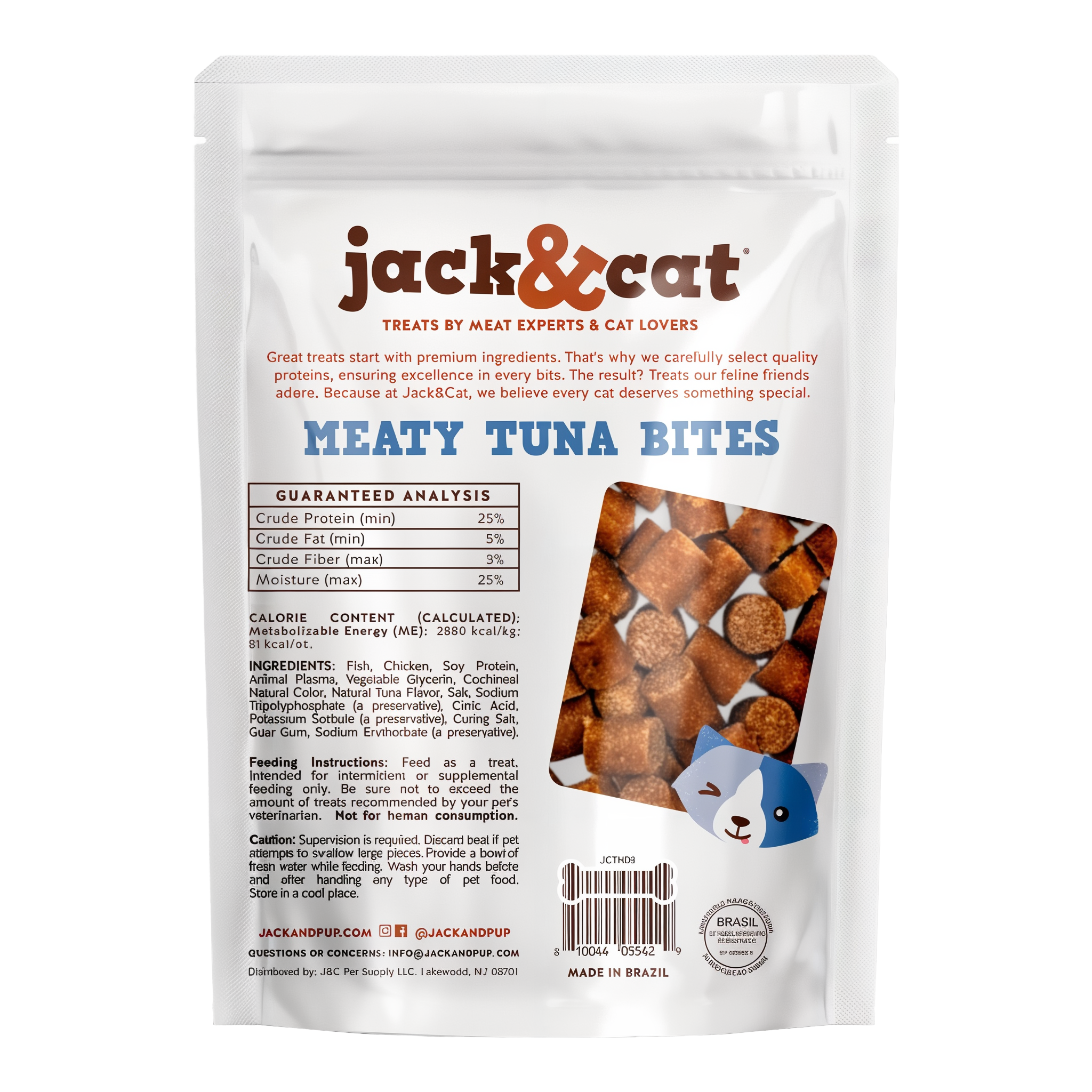 Meaty Tuna Bites pouch back with guaranteed analysis and ingredients