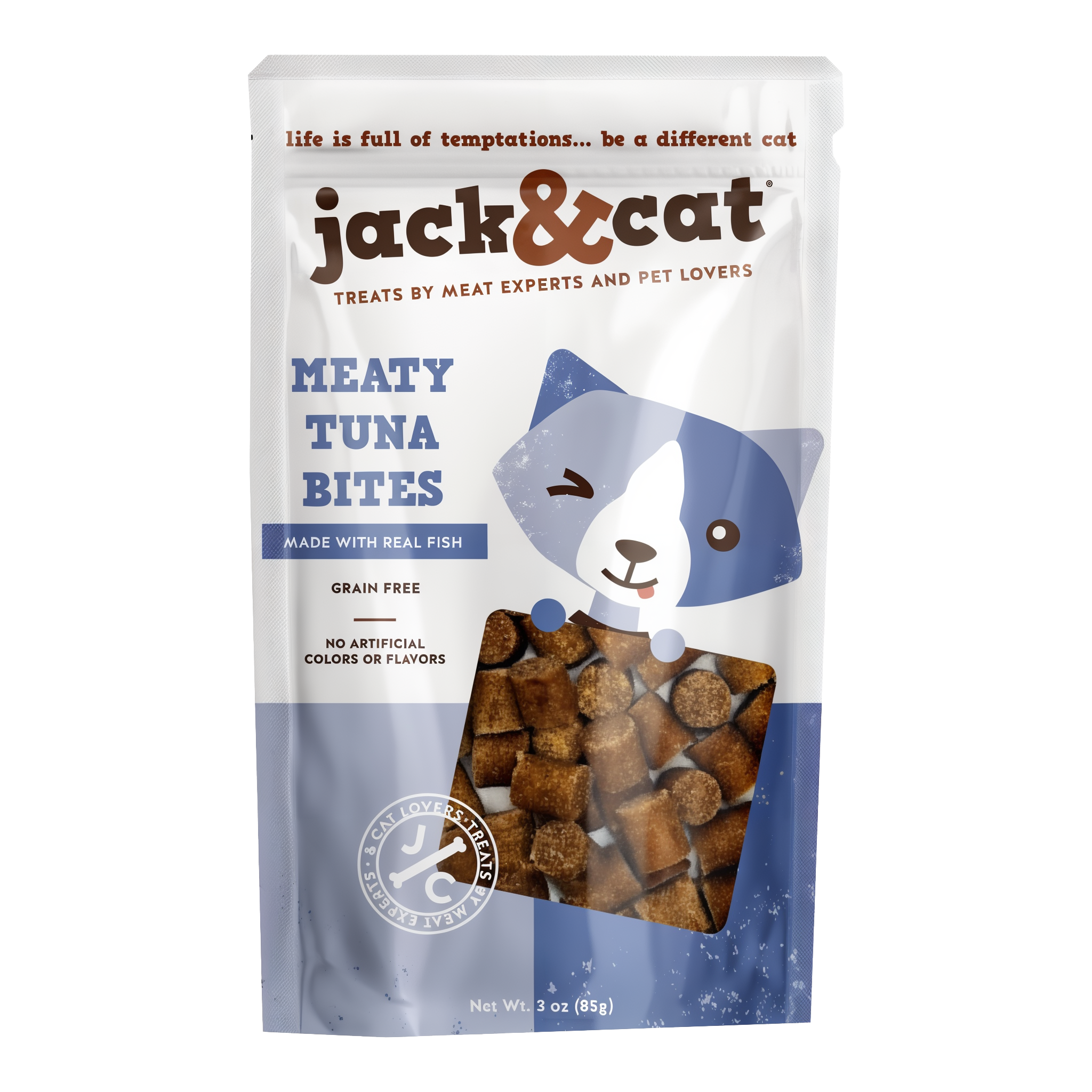 Jack & Cat Meaty Tuna Bites soft and chewy cat treats 3 oz pouch front