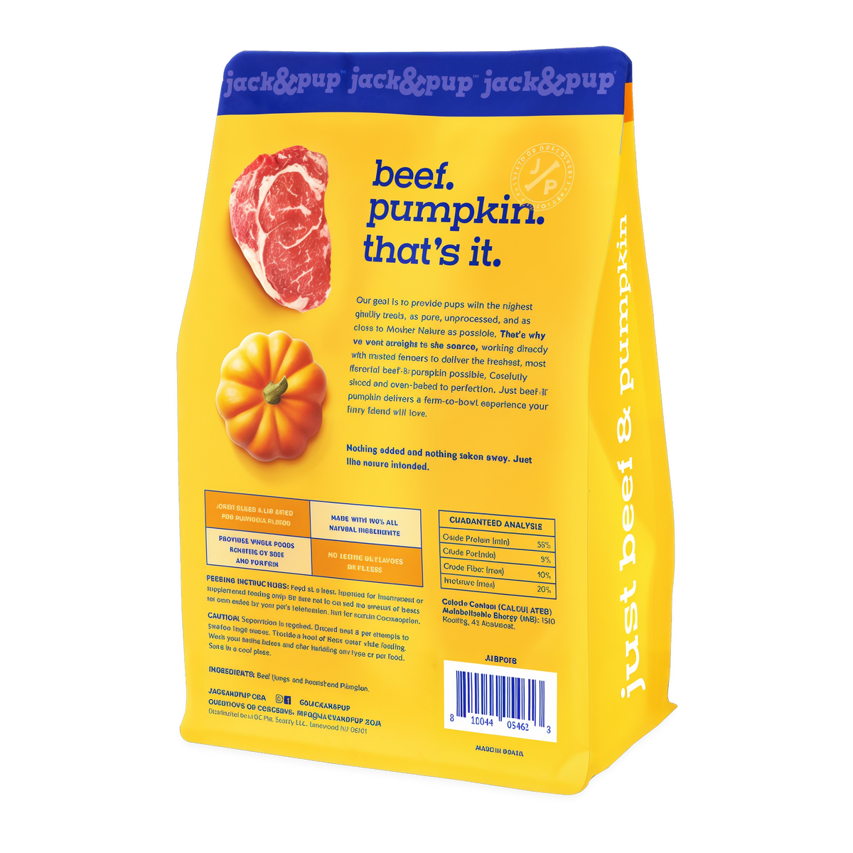 Jack&Pup Just Beef & Pumpkin Dog Treats -- back of bag render with ingredients and guaranteed analysis